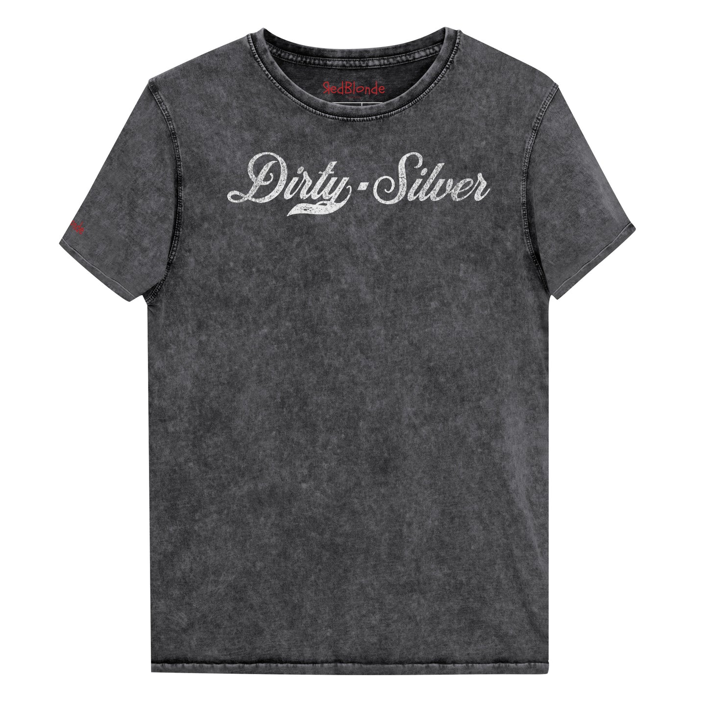 Flatlay of a black unisex loose-fit denim wash t-shirt with vintage Coca-Cola-inspired milkstore script in white reading ‘Dirty Silver’ on the front. Branded RedBlonde on the inside neck and right shoulder in red