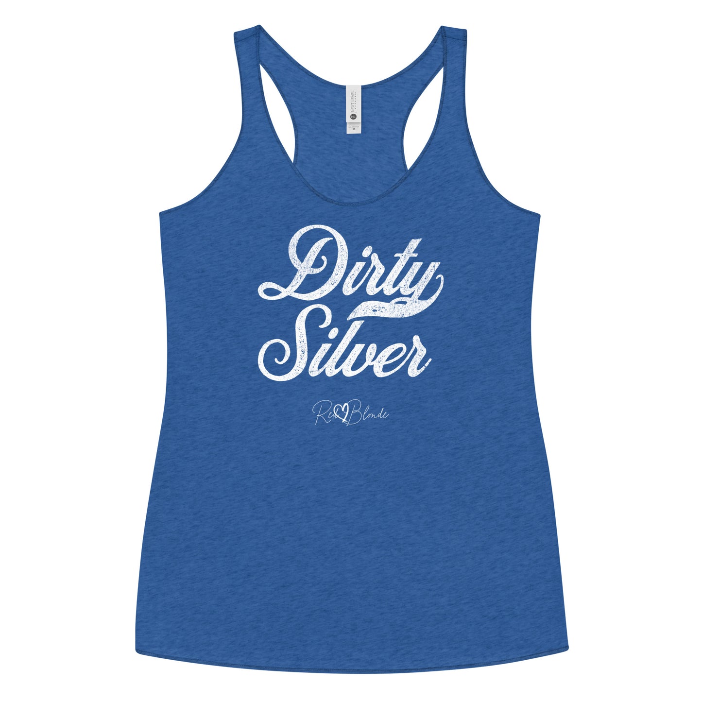 vintage blue women's racerback tank with the playful slogan ‘Dirty Silver’ in white milk-store font, signed off RedBlonde. Branded RedBlonde London in red on the reverse