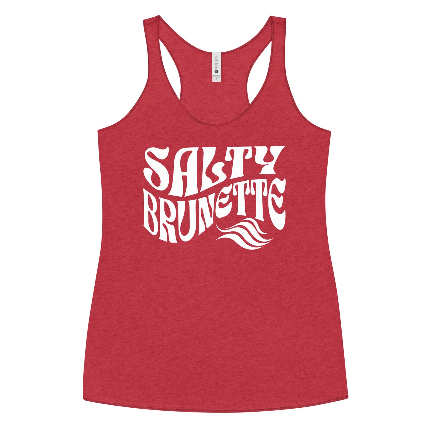 Flatlay of a vintage red soft racerback tank t-shirt with 'Salty Brunette' play on words slogan in white retro 70s font. Branded RedBlonde London on reverse