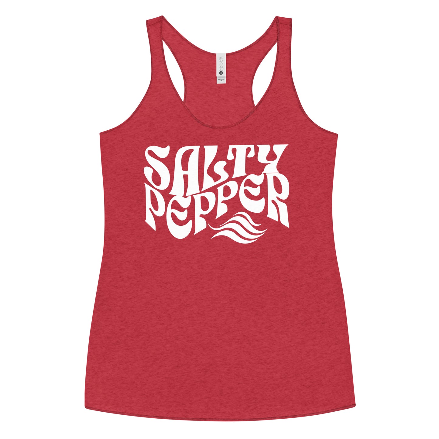 Flatlay of a vintage red soft racerback tank t-shirt with 'Salty Pepper' play on words slogan in white retro wavy 70s font. Branded RedBlonde London on reverse