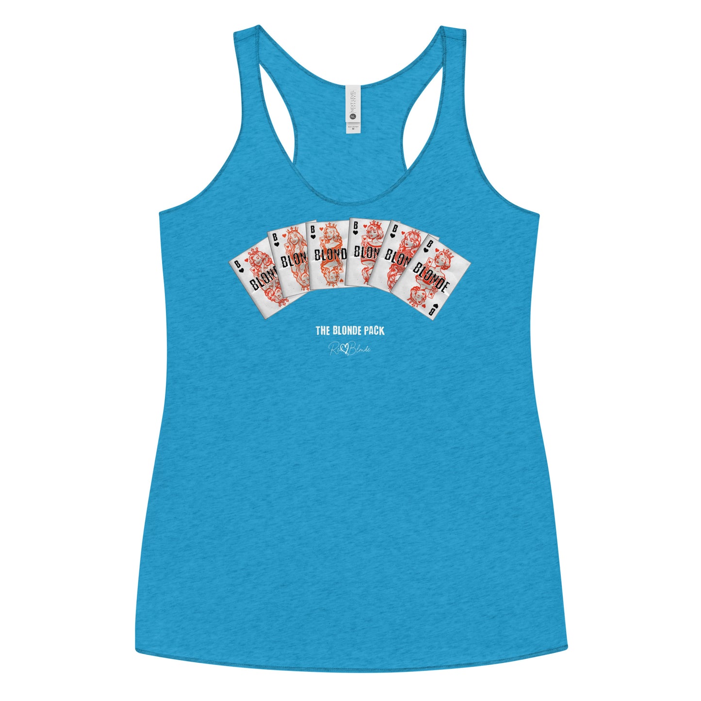 A women’s vintage turquoise racerback tank top featuring a bold graphic of Queen playing cards spread across the chest, each card with a famous blonde. Below the cards, the text reads “THE BLONDE PACK” with the RedBlonde signature logo.