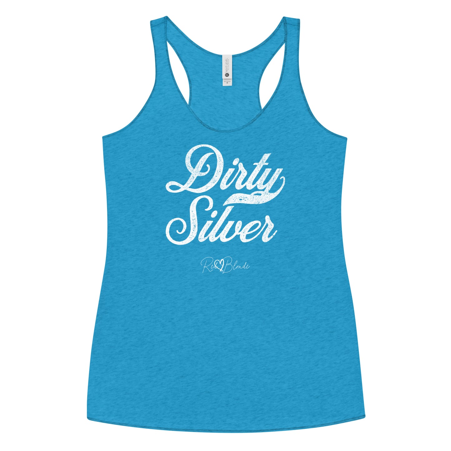 vintage turquoise women's racerback tank with the playful slogan ‘Dirty Silver’ in white milk-store font, signed off RedBlonde. Branded RedBlonde London in red on the reverse