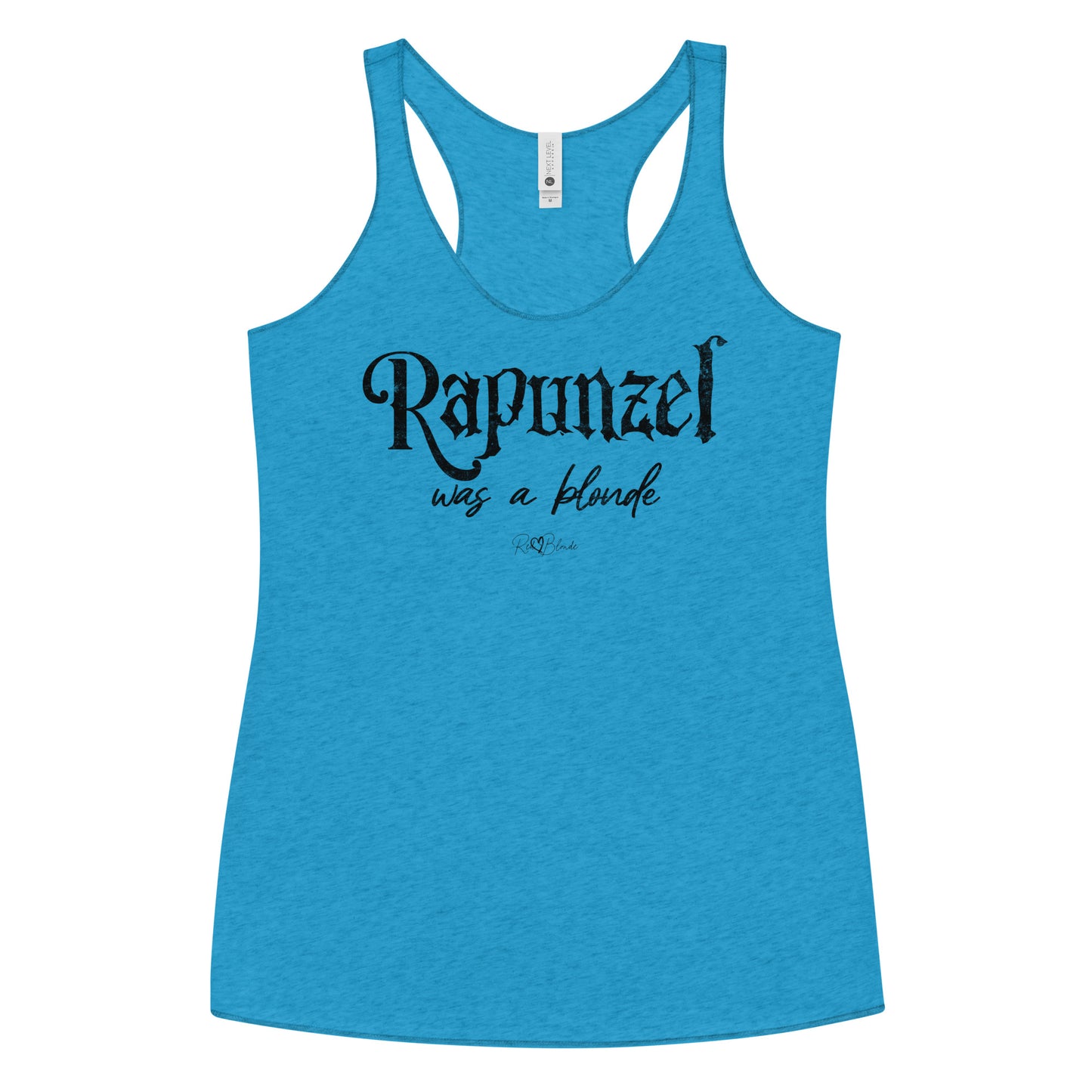 vintage turquoise women’s racerback tank featuring black fairytale spiky text that reads “Rapunzel" and the phrase “was a blonde” written underneath in an elegant cursive script. signed off with the RedBlonde heart signature logo