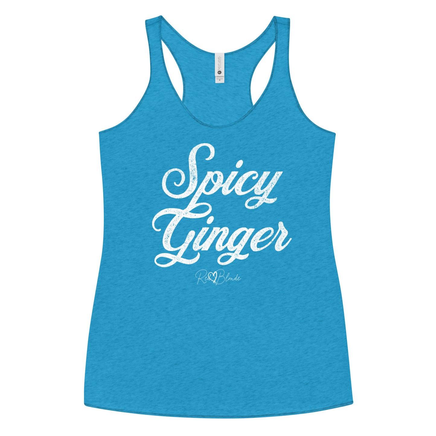 vintage turquoise women's racerback tank with the playful slogan ‘Spicy Ginger’ in white milk-store font, signed off RedBlonde. Branded RedBlonde London in red on the reverse