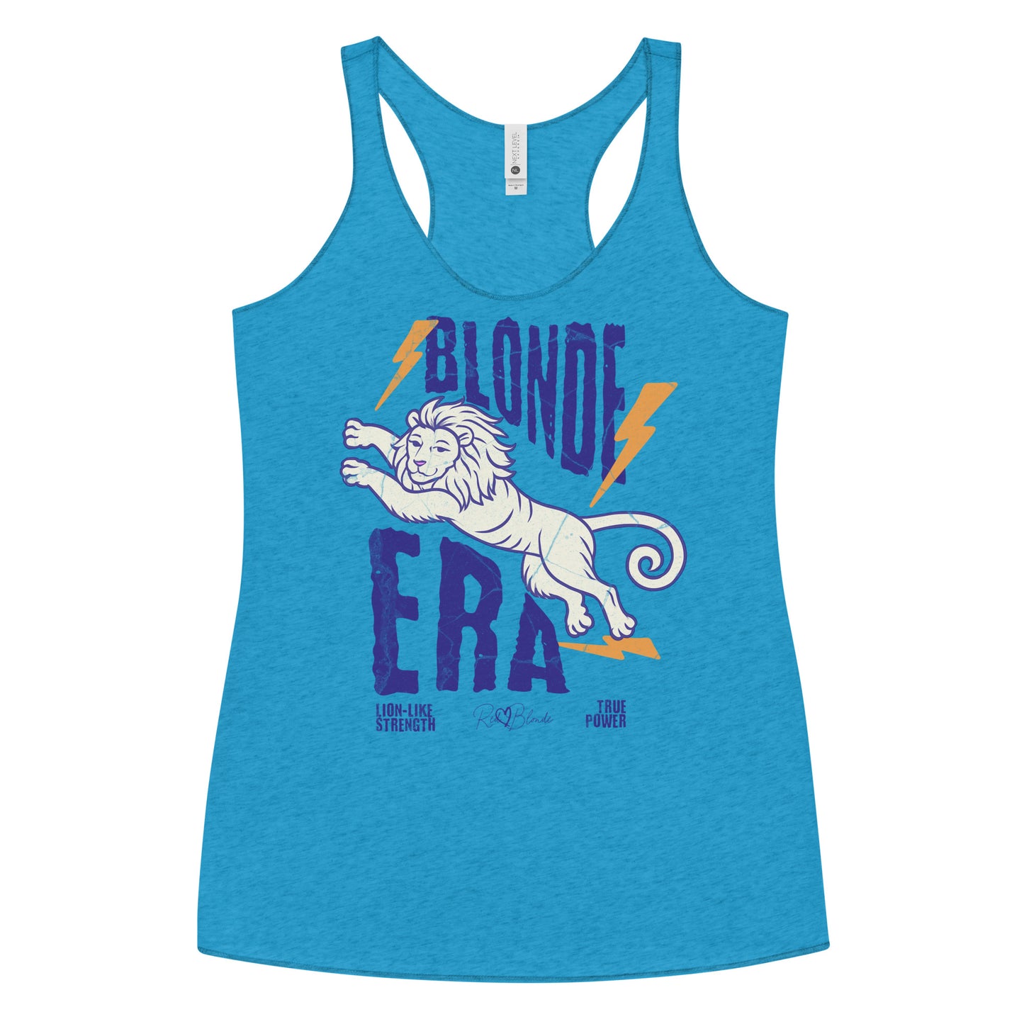 vintage turquoise women’s vintage-style racerback tank in features a large, stylized illustration of a lion leaping forward in pale purple and white with a flowing mane. Bold, distressed text above and below reads “BLONDE ERA” in uppercase purple letters, with two orange lightning bolts flanking the text. Beneath the lion in small purple letters are the phrases “Lion-like strength” and “True power.” RedBlonde with a heart small signature-like logo appears below the text.