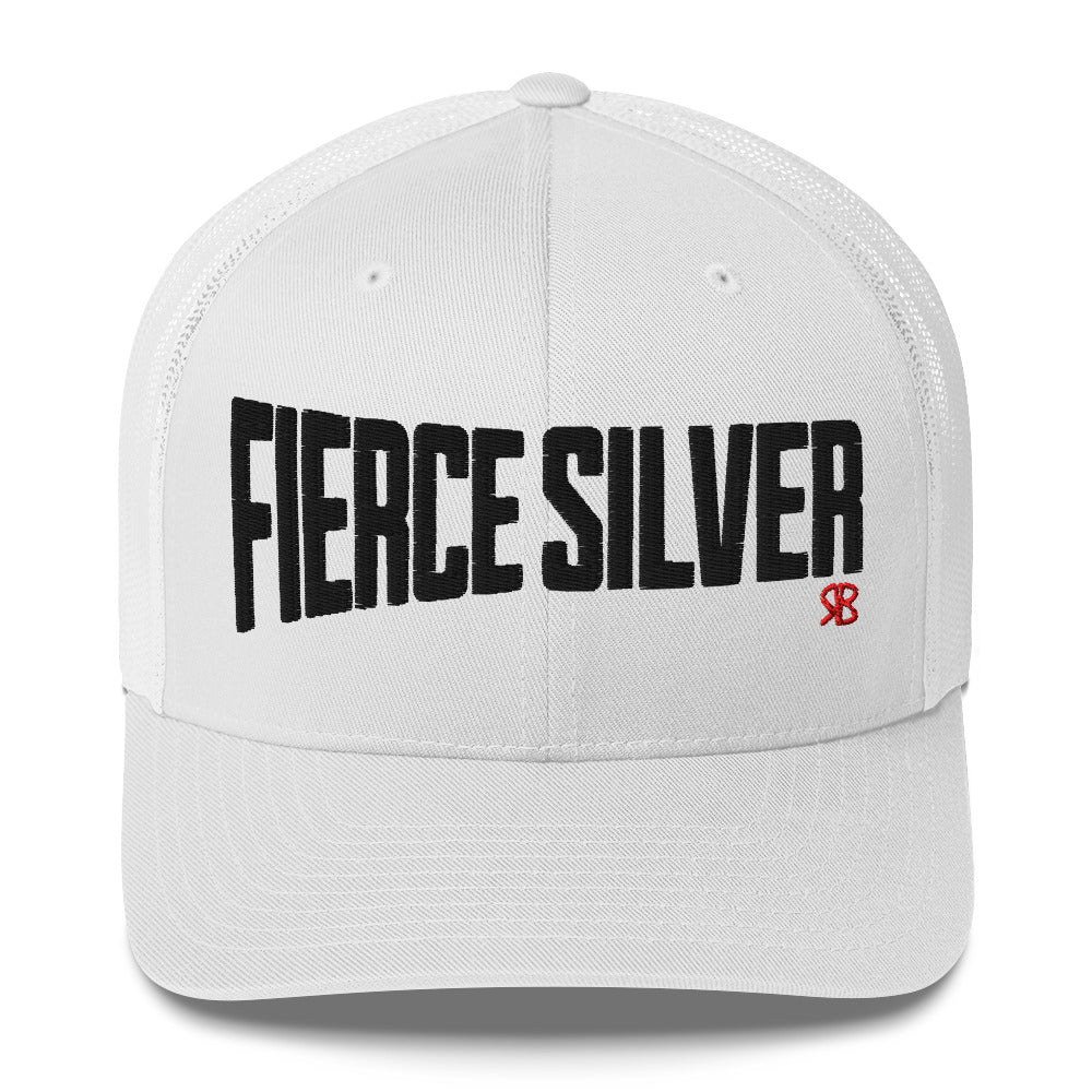 white retro trucker cap with bold black embroidered text “Fierce Silver” across the front, featuring a small red RB logo on the side.