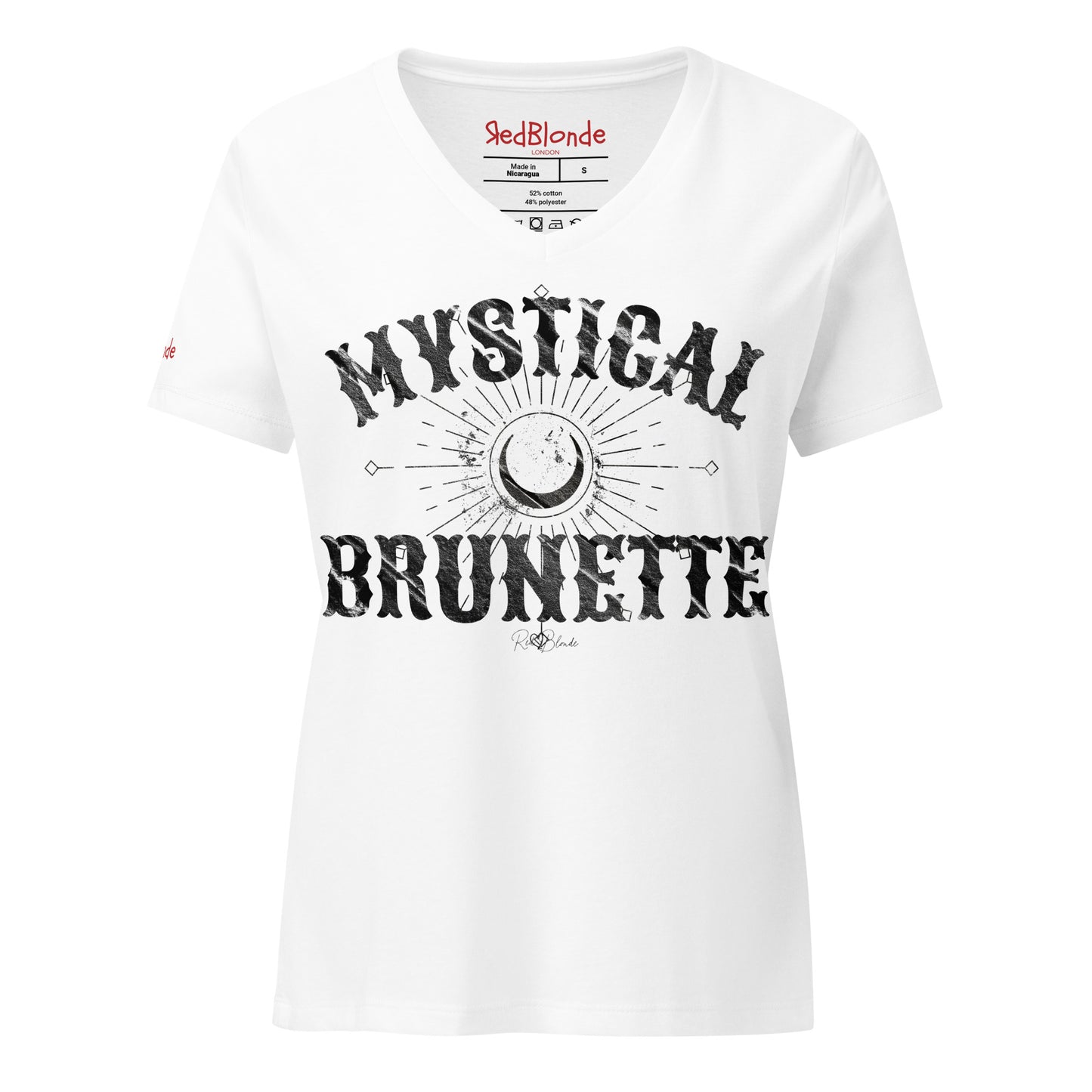 Women’s white v-neck t-shirt with bold Sancreek vintage-style black lettering that reads ‘Mystical Brunette’ with a crescent moon and radiant sunburst graphic. Branded RedBlonde in red on inside neck and right sleeve