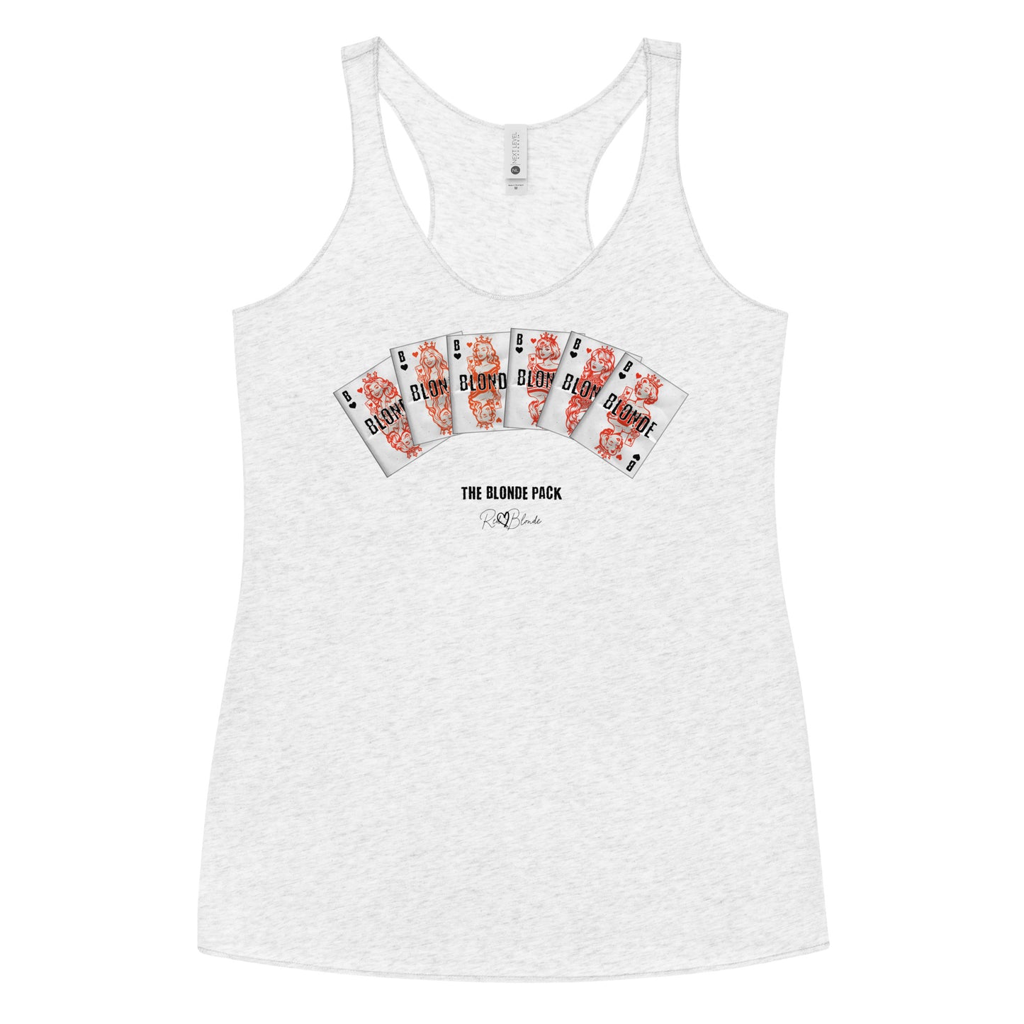 A women’s vintage white racerback tank top featuring a bold graphic of Queen playing cards spread across the chest, each card with a famous blonde. Below the cards, the text reads “THE BLONDE PACK” with the RedBlonde signature logo.