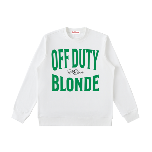 Front view of a white crewneck sweatshirt with a large green “OFF DUTY BLONDE” graphic across the chest and a small RedBlonde script logo centered between the words.