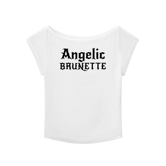 light grey wide-neck t-shirt with white gothic New Rockstar text reading “Angelic Brunette” across the chest.