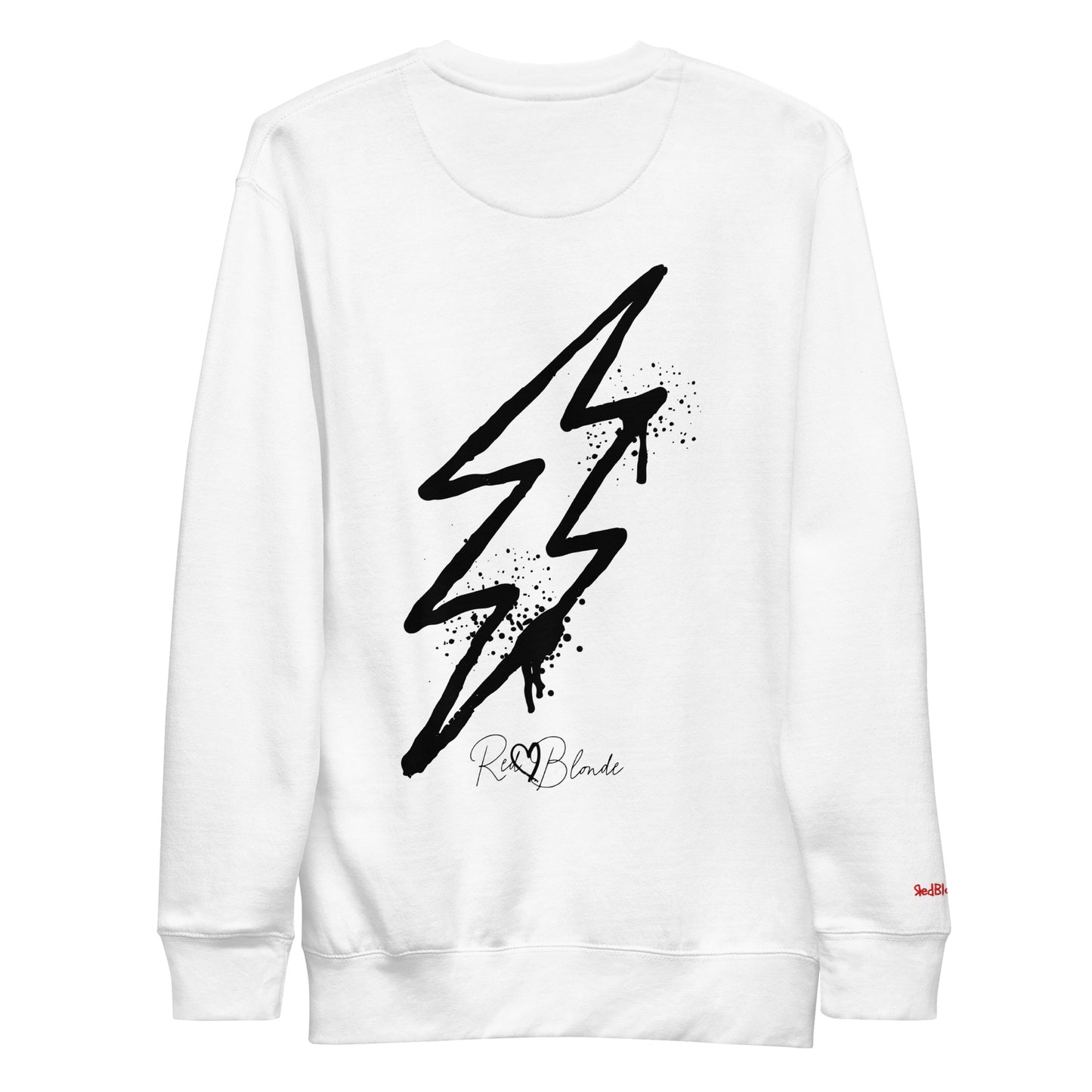 Back view of a white unisex sweatshirt featuring a bold black lightning bolt graphic with paint-splatter detail and the RedBlonde logo printed below. The design has an edgy, electric streetwear vibe. Branded RedBlonde in red on right sleeve
