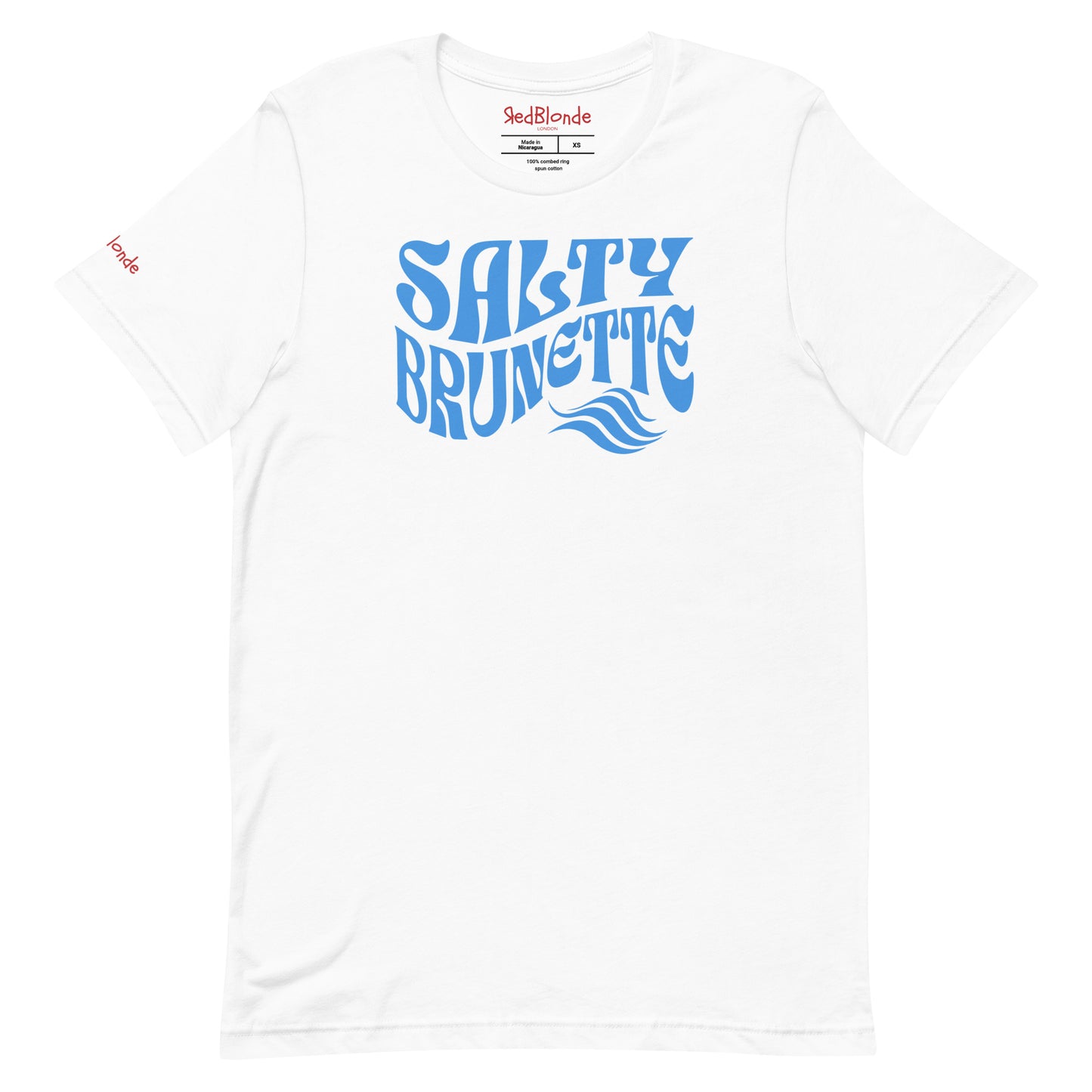 flatlay of white classic unisex graphic t-shirt with the slogan 'Salty Brunette' in Solino Display blue retro 70s wavy font. Branded RedBlonde in red on inside neck and right sleeve