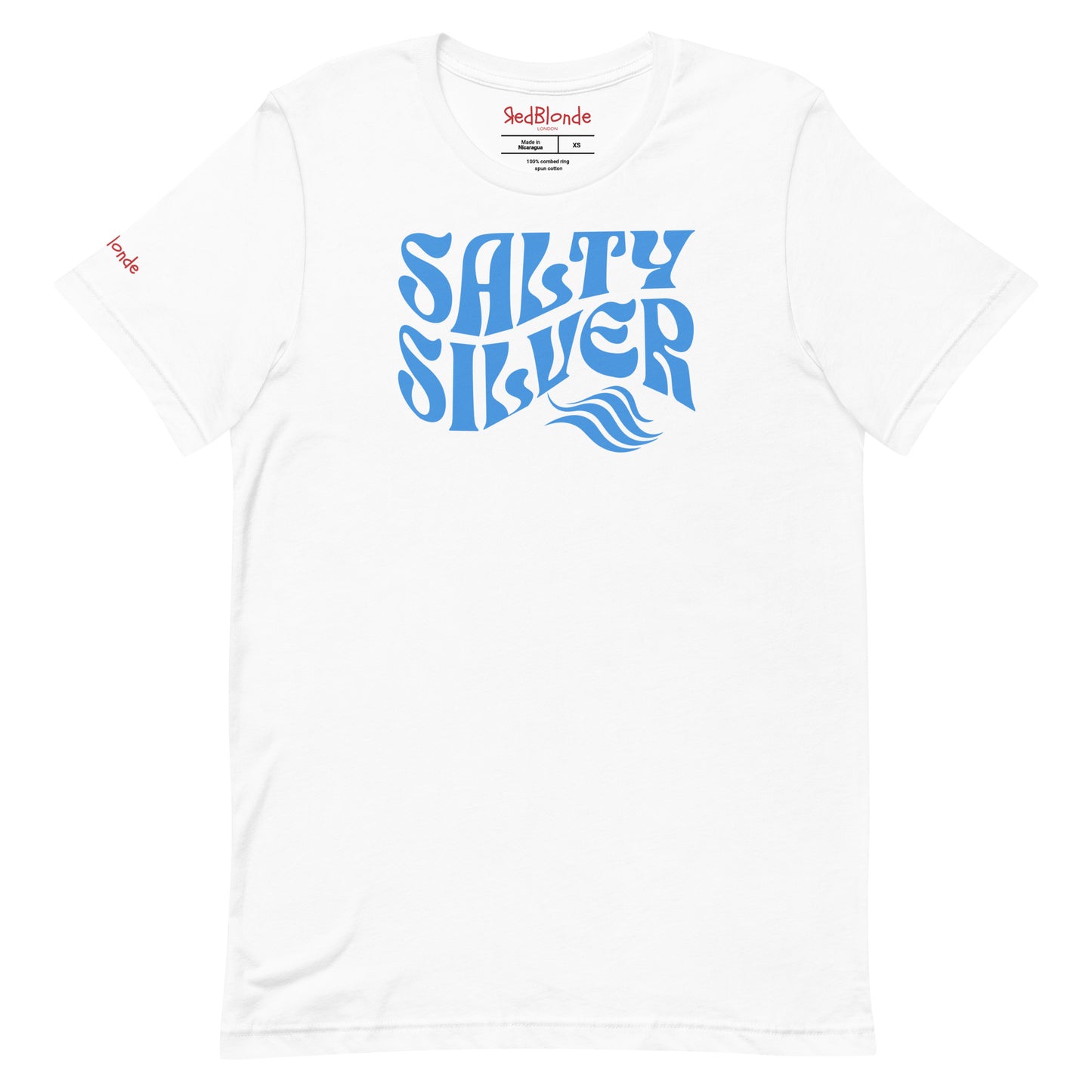 flatlay of white classic unisex graphic t-shirt with the slogan 'Salty Silver' in Solino Display white retro 70s wavy font. Branded RedBlonde in red on inside neck and right sleeve