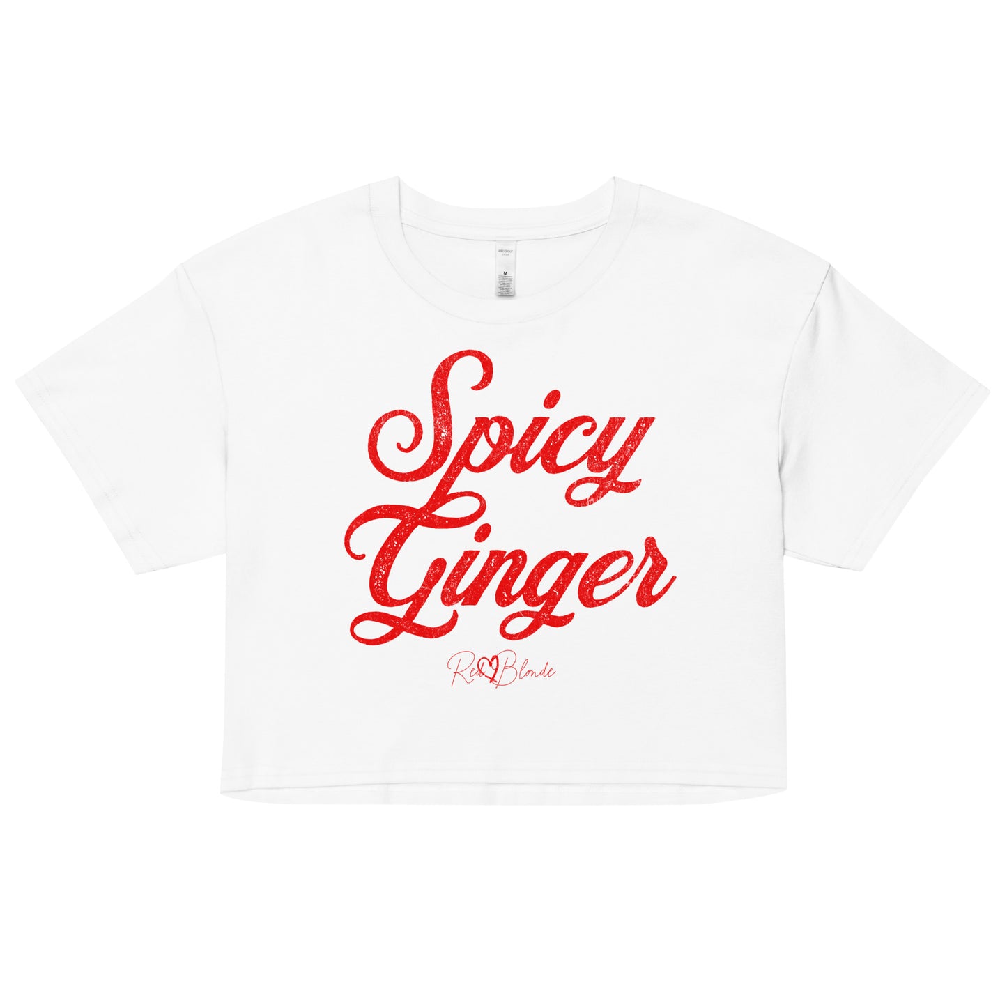 white crop top with the playful slogan ‘Spicy Ginger’ in red milk-store font, signed off RedBlonde. Branded RedBlonde London in red on the reverse