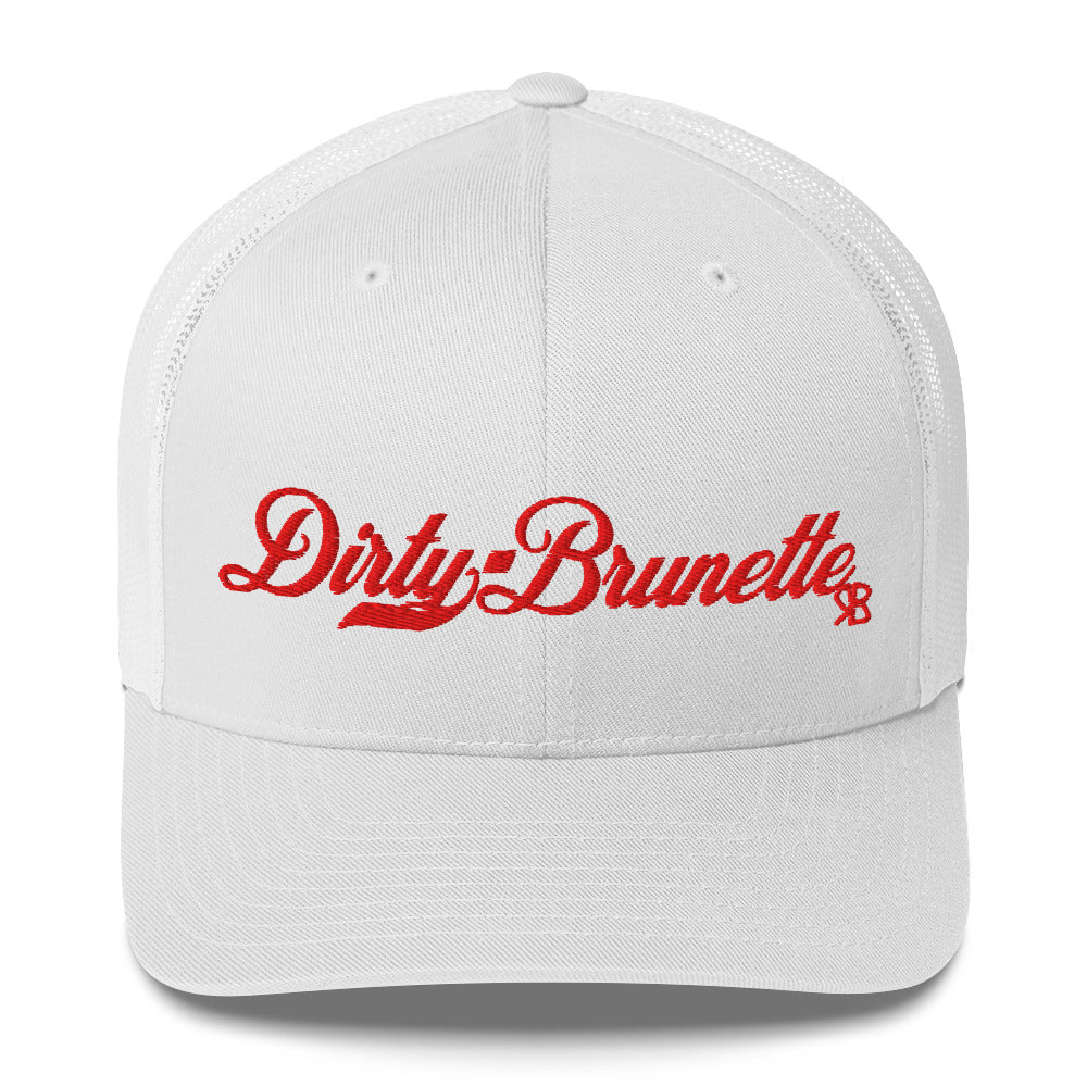 white trucker cap with 'Dirty Brunette' in red milkstore font. Branded RB in Red