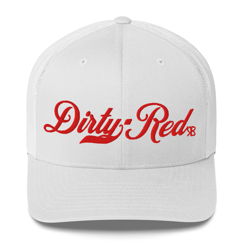 white trucker cap with 'Dirty Red' in red milkstore font. Branded RB in Red