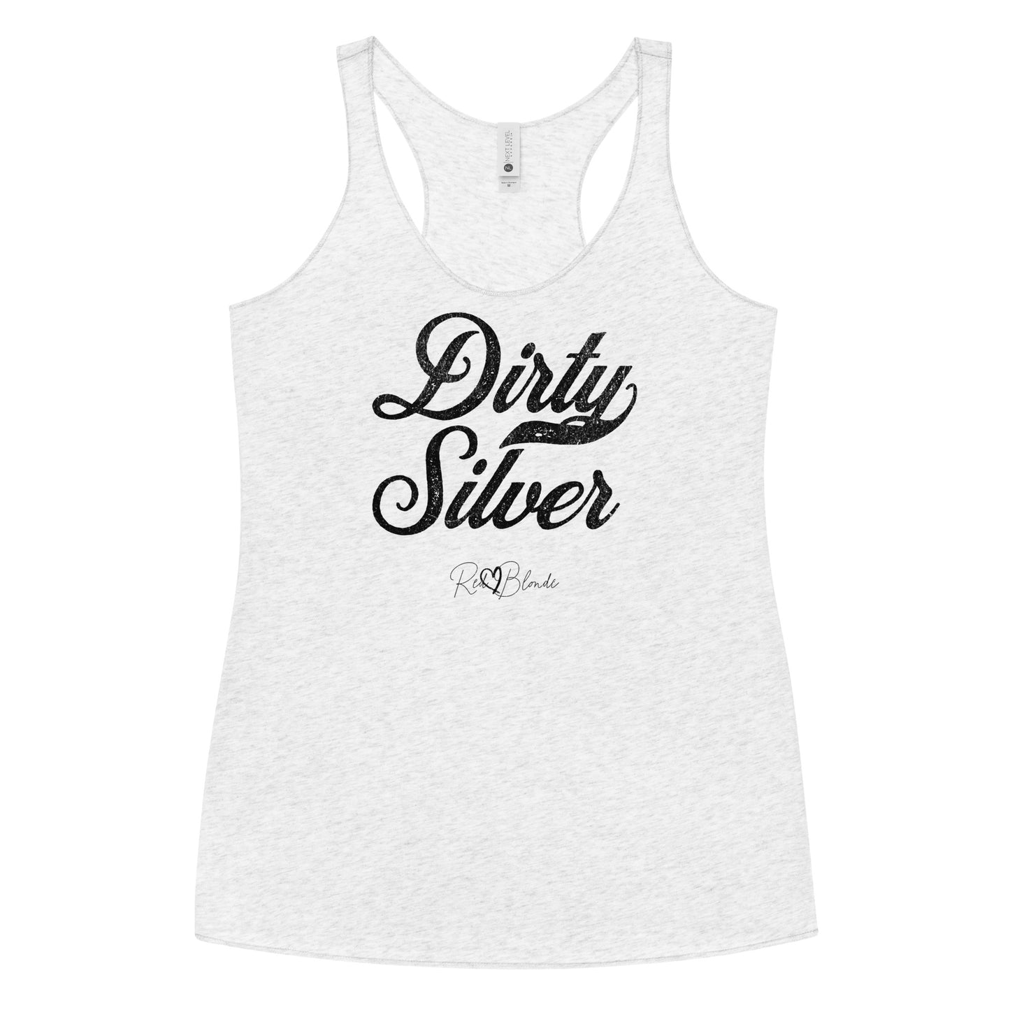 white women's racerback tank with the playful slogan ‘Dirty Silver’ in black milk-store font, signed off RedBlonde. Branded RedBlonde London in red on the reverse