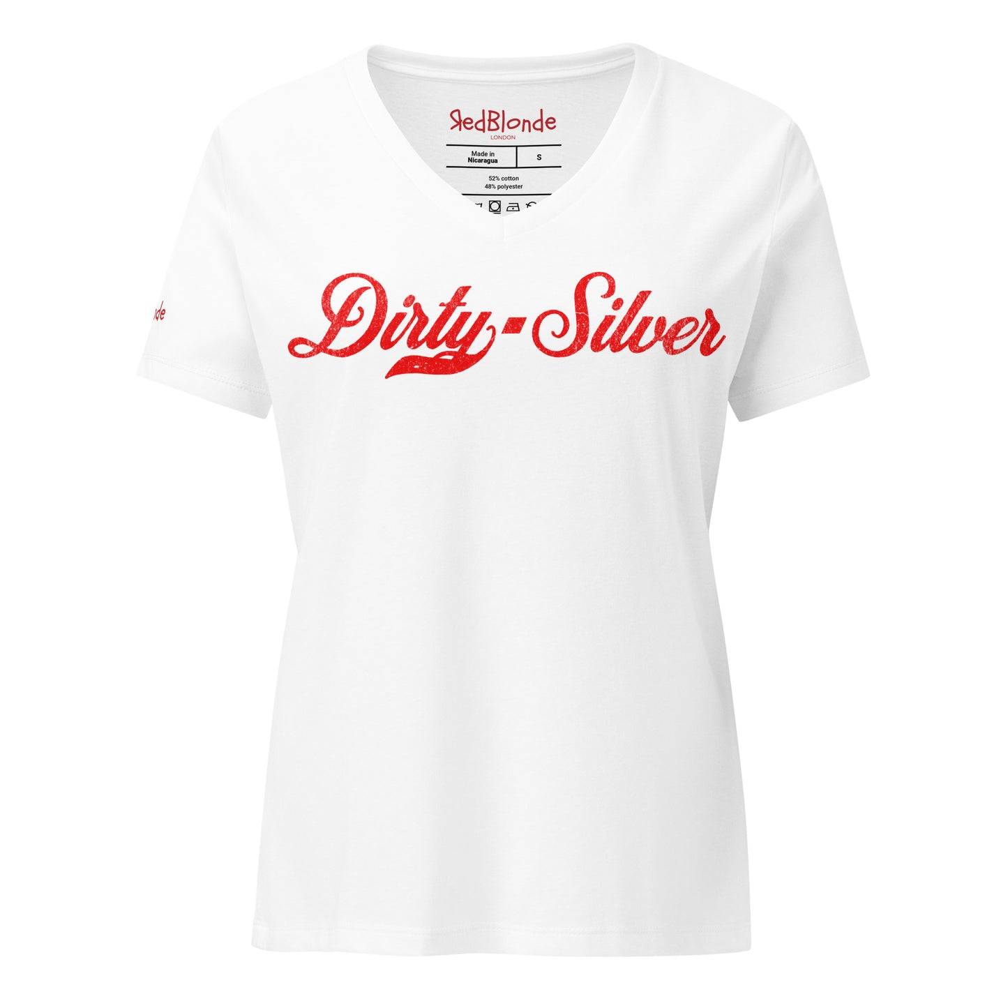 Flatlay of a white relaxed fit V-neck t-shirt with “Dirty Silver” written in vintage Coca-Cola red script on the front. branded redblonde on the inside neck and right shoulder in red