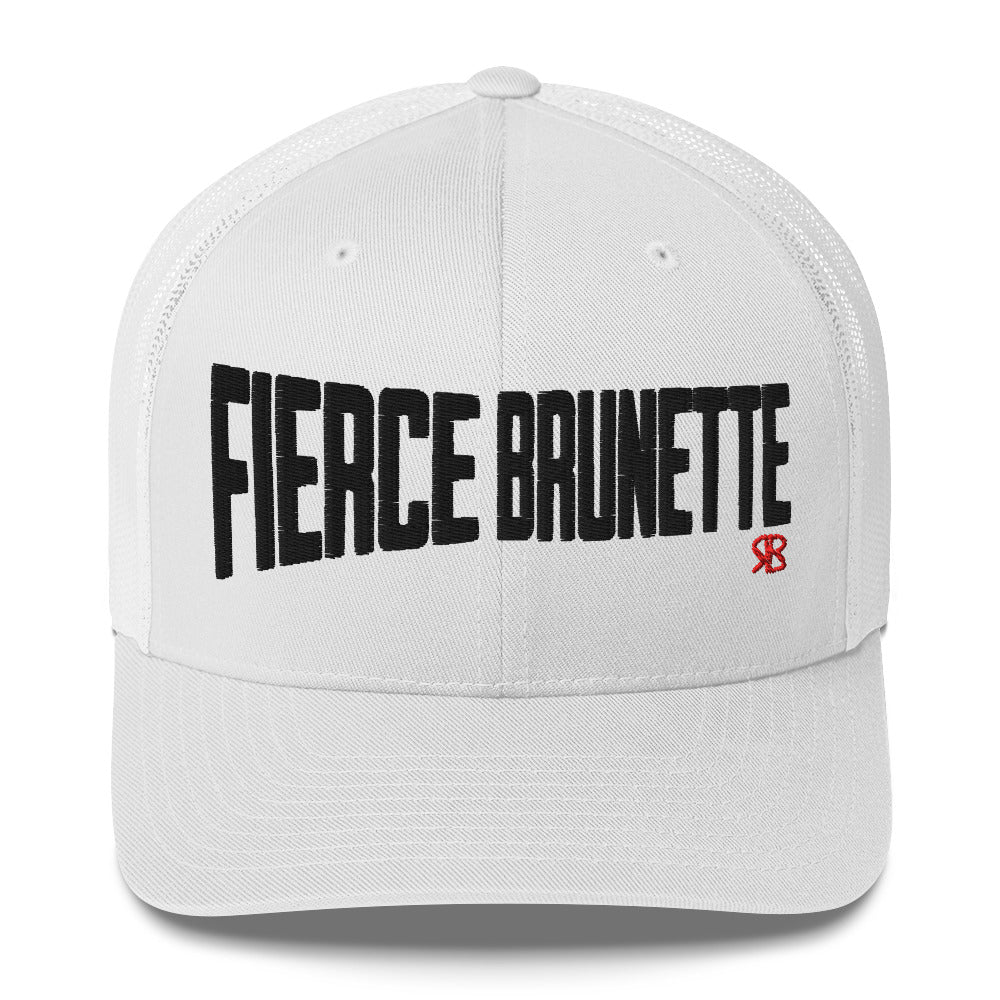white retro trucker cap with bold black embroidered text “Fierce Brunette” across the front, featuring a small red RB logo on the side.