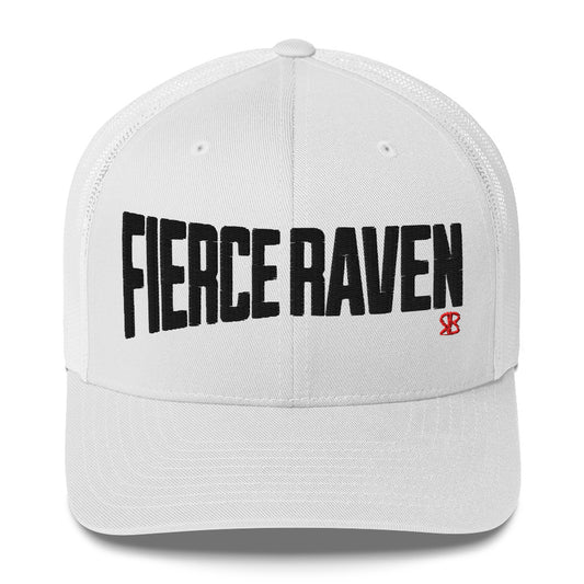 white retro trucker cap with bold black embroidered text “Fierce Raven” across the front, featuring a small red RB logo on the side.