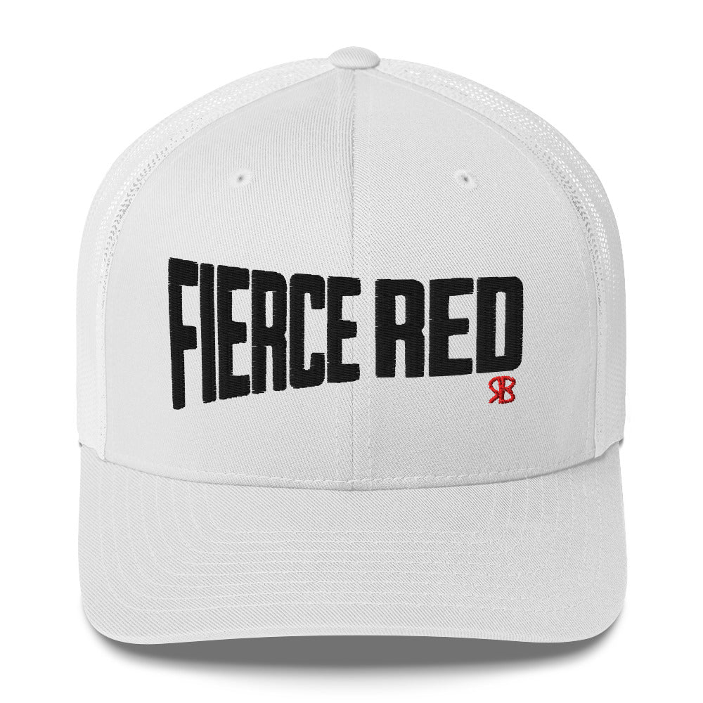 white retro trucker cap with bold black embroidered text “Fierce Red” across the front, featuring a small red RB logo on the side.