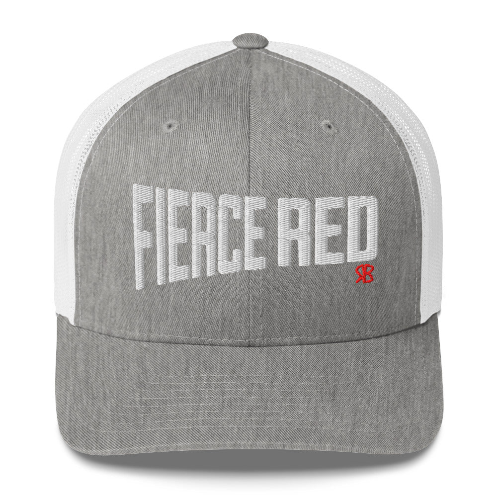 light grey/white retro trucker cap with bold white embroidered text “Fierce Red” across the front, featuring a small red RB logo on the side.
