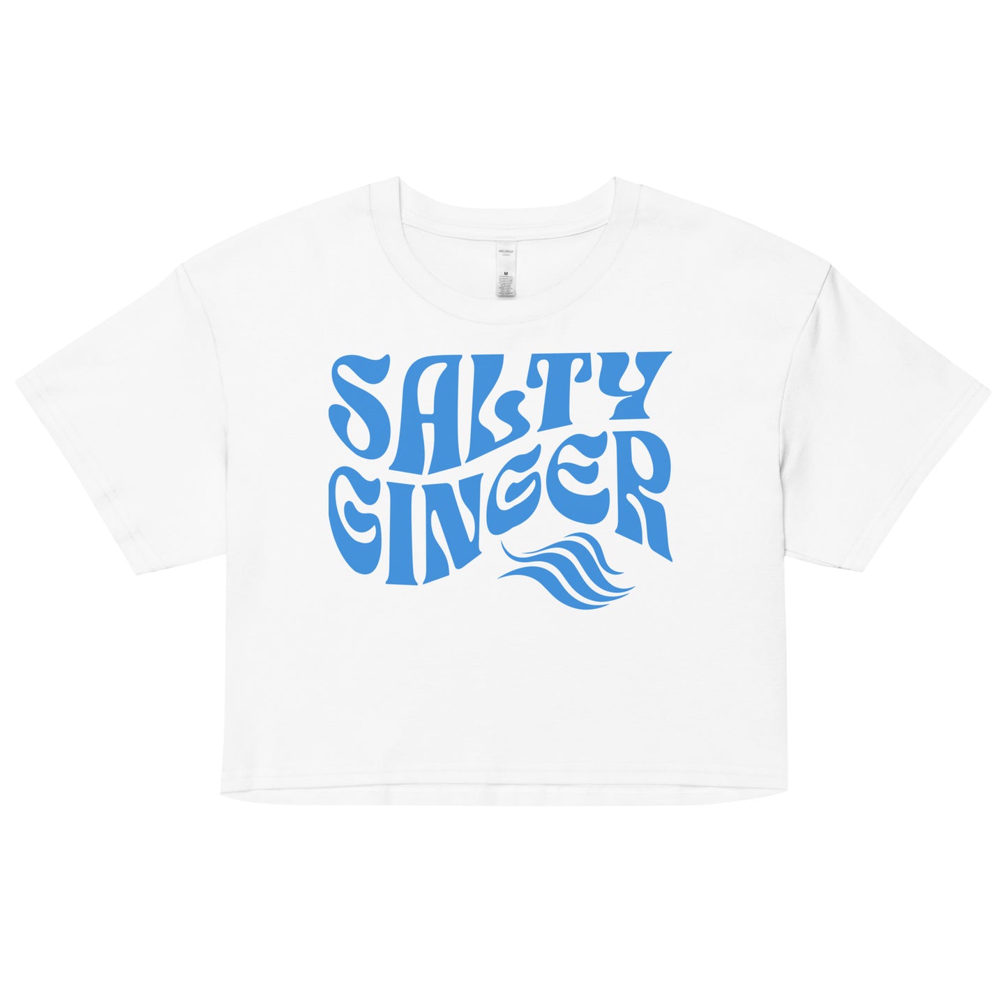white loose women's crop top t-shirt with the words ‘Salty Ginger’ in blue solino display retro wavy 70s font