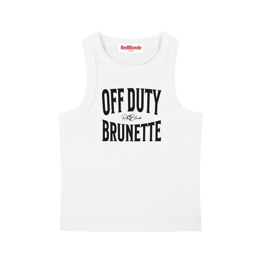 A white sleeveless vintage acid wash tank top laid flat on a white background, with black text on the chest reading “OFF DUTY BRUNETTE” in bold Brookfield lettering, and a small cursive RedBlonde signature logo between the words.