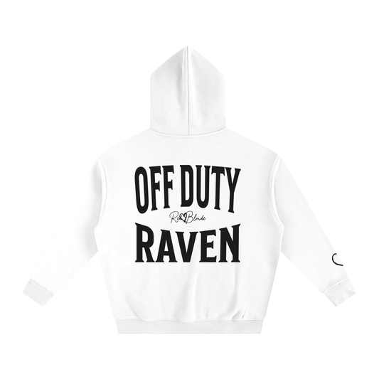 white hoodie, back view, with large black ‘OFF DUTY RAVEN’ Brookfield text print and small RedBlonde signature logo beneath. Black heart detail on the sleeve