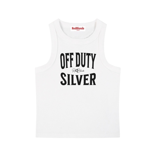 A white sleeveless vintage acid wash tank top laid flat on a white background, with black text on the chest reading “OFF DUTY SILVER” in bold Brookfield lettering, and a small cursive RedBlonde signature logo between the words.