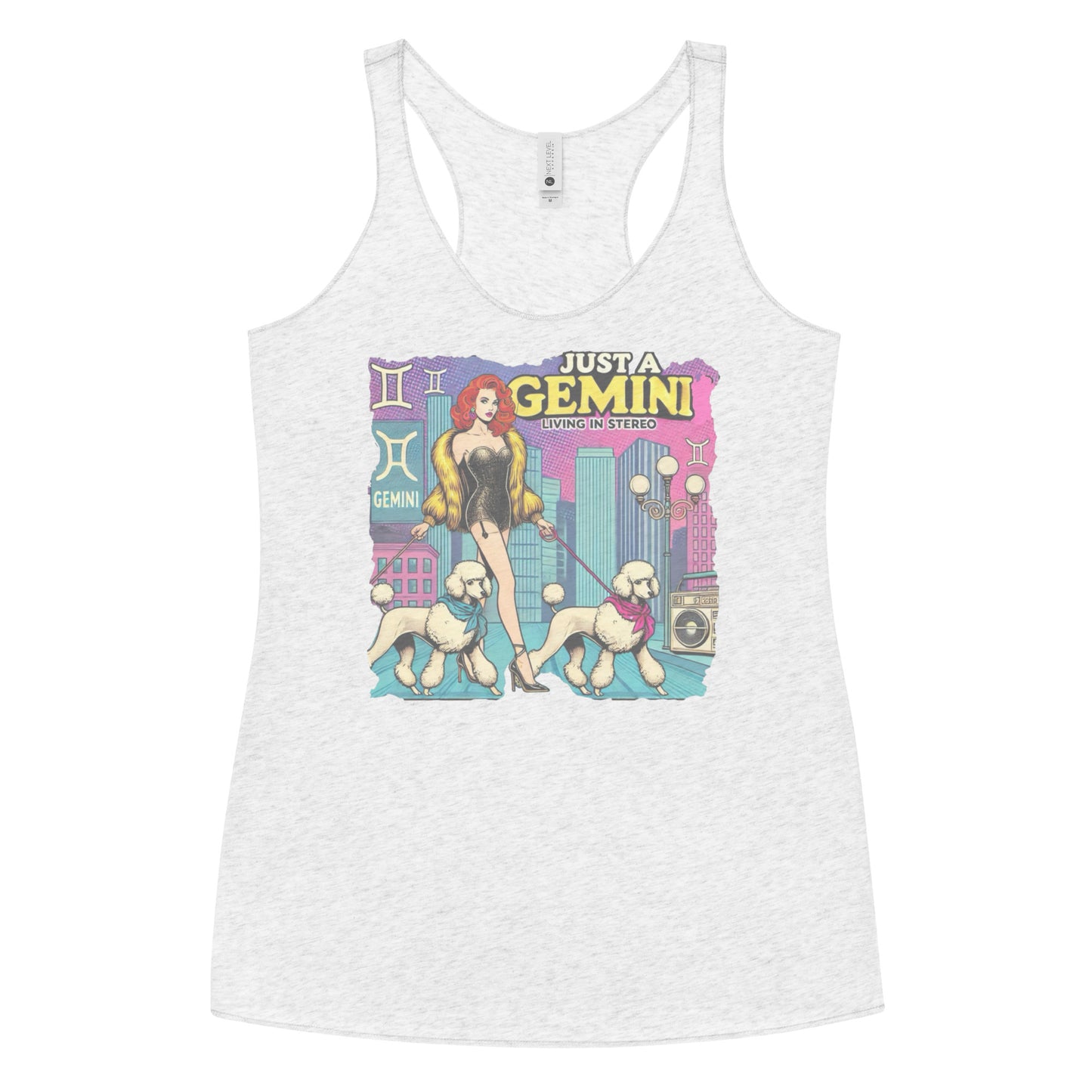 Flatlay of a heather white soft racerback tank t-shirt with a retro pop-art redhead Gemini graphic featuring a redhead woman, in a short catsuit and fur coat walking two poodle dogs with neck scarfs with a city backdrop and a gettoblaster ‘Just a Gemini, Living in Stereo'