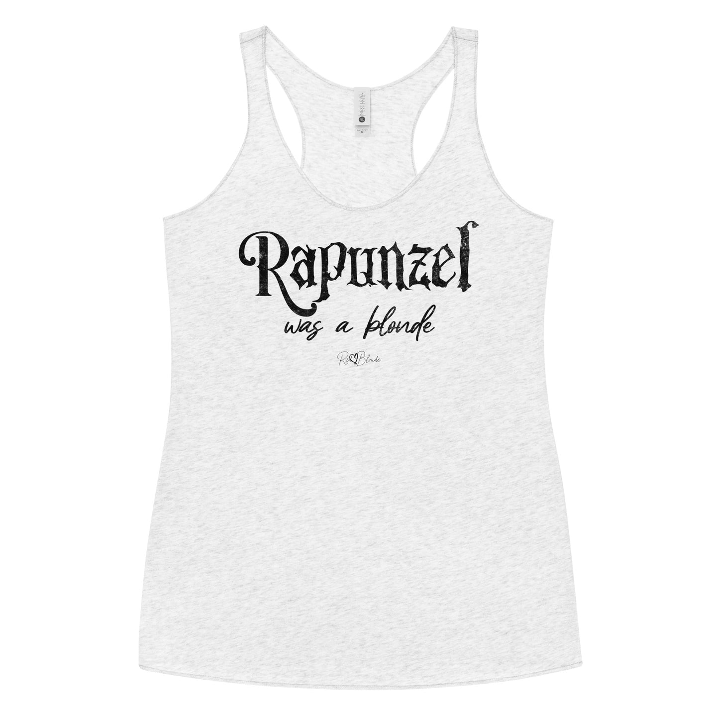 white women’s racerback tank featuring black fairytale spiky text that reads “Rapunzel" and the phrase “was a blonde” written underneath in an elegant cursive script. signed off with the RedBlonde heart signature logo