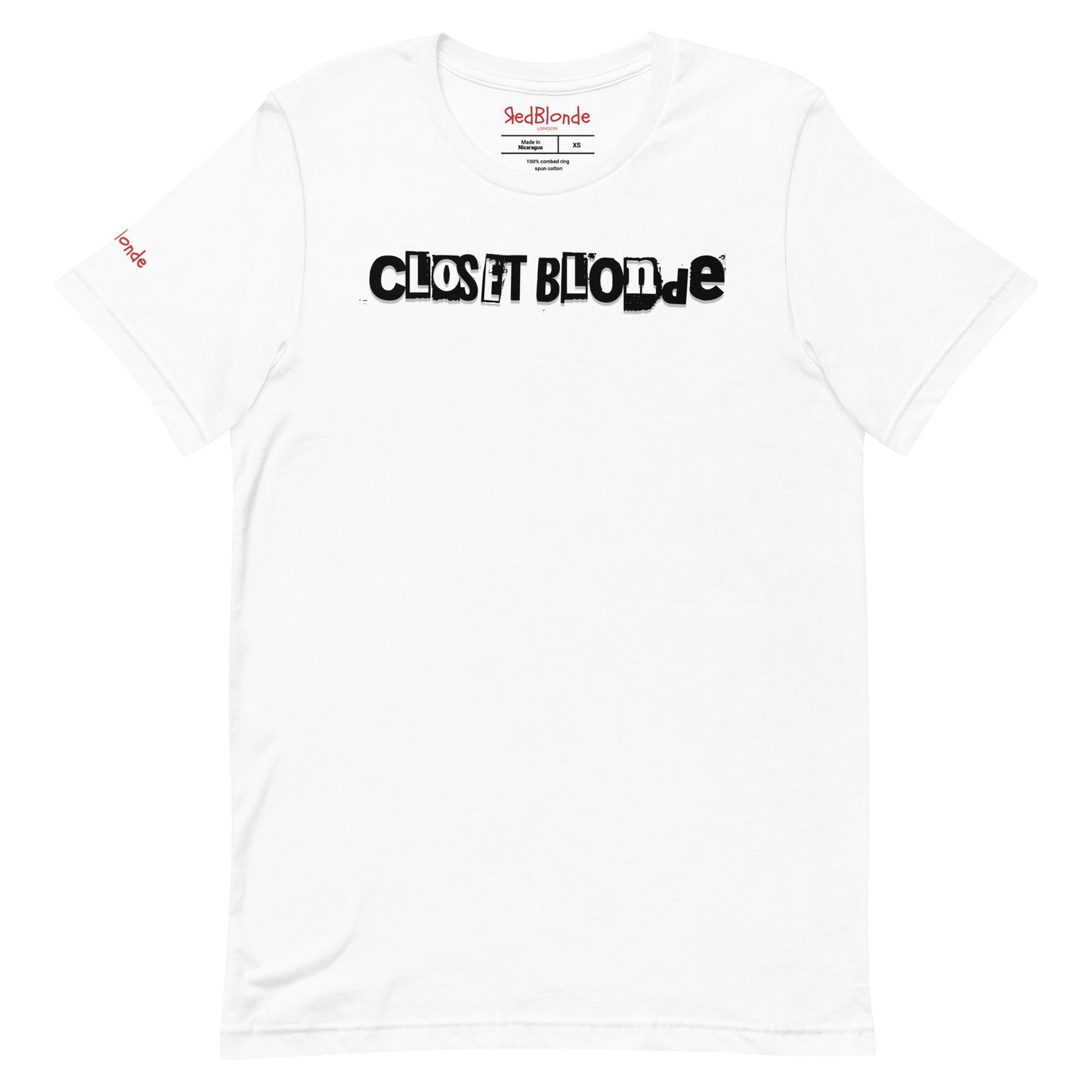 flatlay of a white unisex relaxed fit graphic t-shirt with 'Closet Blonde' in irregular black and white printing block style caps and lowercase lettering. Branded RedBlonde London in inside neck and right sleeve