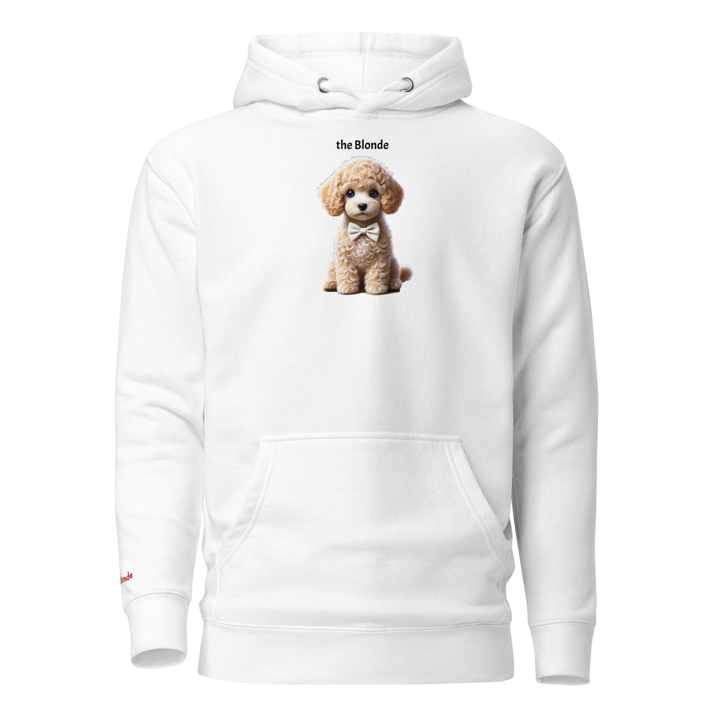 Flatlay of white relaxed fit unisex hoodie with a cute graphic of a Blonde Puppy wearing a bow-tie and the words 'the Blonde' linking to Blonde hair. Branded RedBlonde in red on inside neck and right cuff