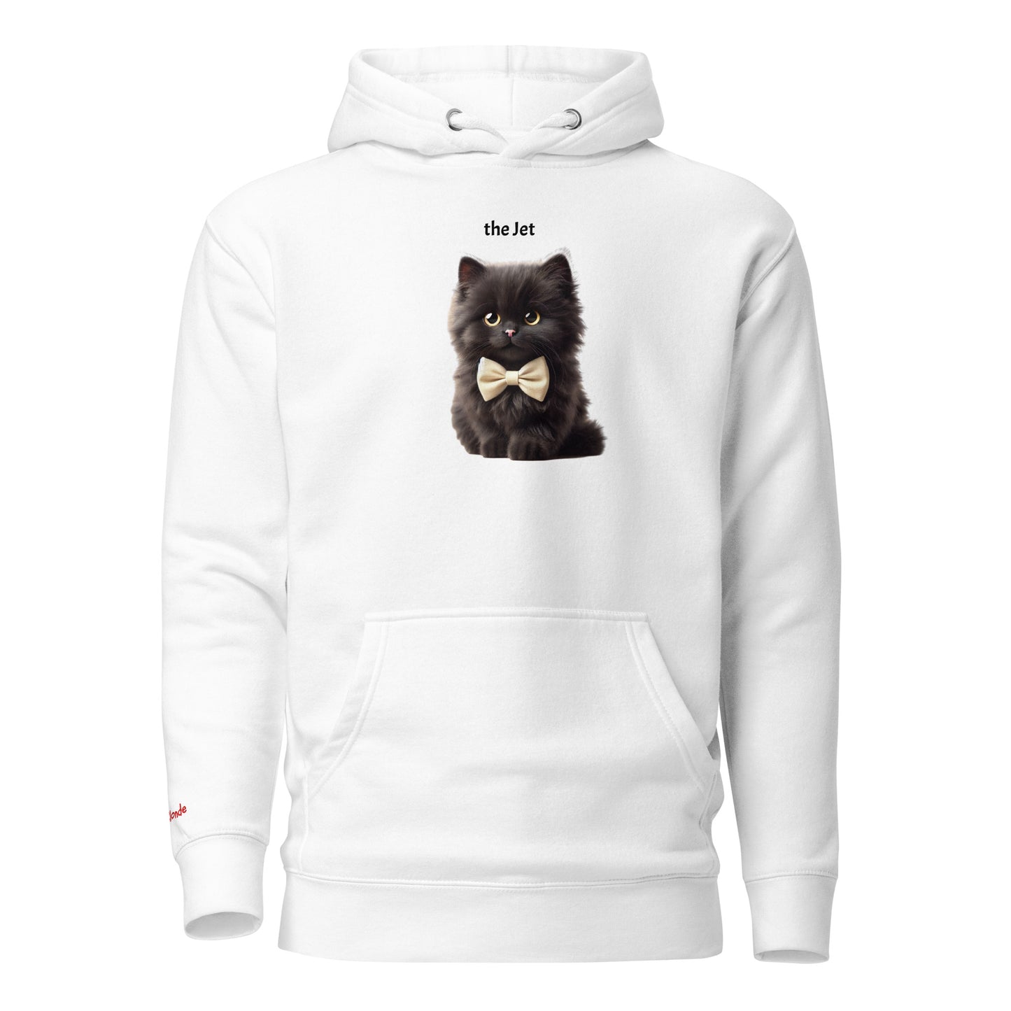Flatlay of white relaxed fit unisex hoodie with a cute graphic of a Jet black kitten wearing a bow-tie and the words 'the Jet' linking to Black hair. Branded RedBlonde in red on inside neck and right cuff