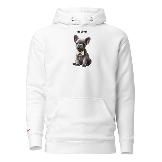 Flatlay of white relaxed fit unisex hoodie with a cute graphic of a Silver puppy wearing a bow-tie and the words 'the Silver' linking to silver hair. Branded RedBlonde in red on inside neck and right cuff