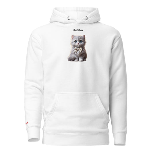 Flatlay of white relaxed fit unisex hoodie with a cute graphic of a silver kitten wearing a bow-tie and the words 'the Silver' linking to silver hair. Branded RedBlonde in red on inside neck and right cuff