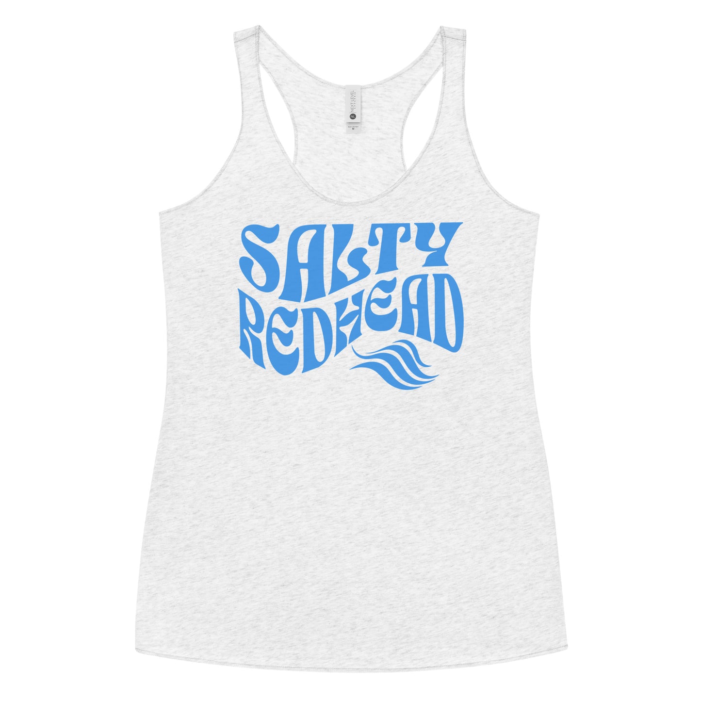 Flatlay of a white soft racerback tank t-shirt with 'Salty Redhead' play on words slogan in blue retro wavy 70s font. Branded RedBlonde London on reverse