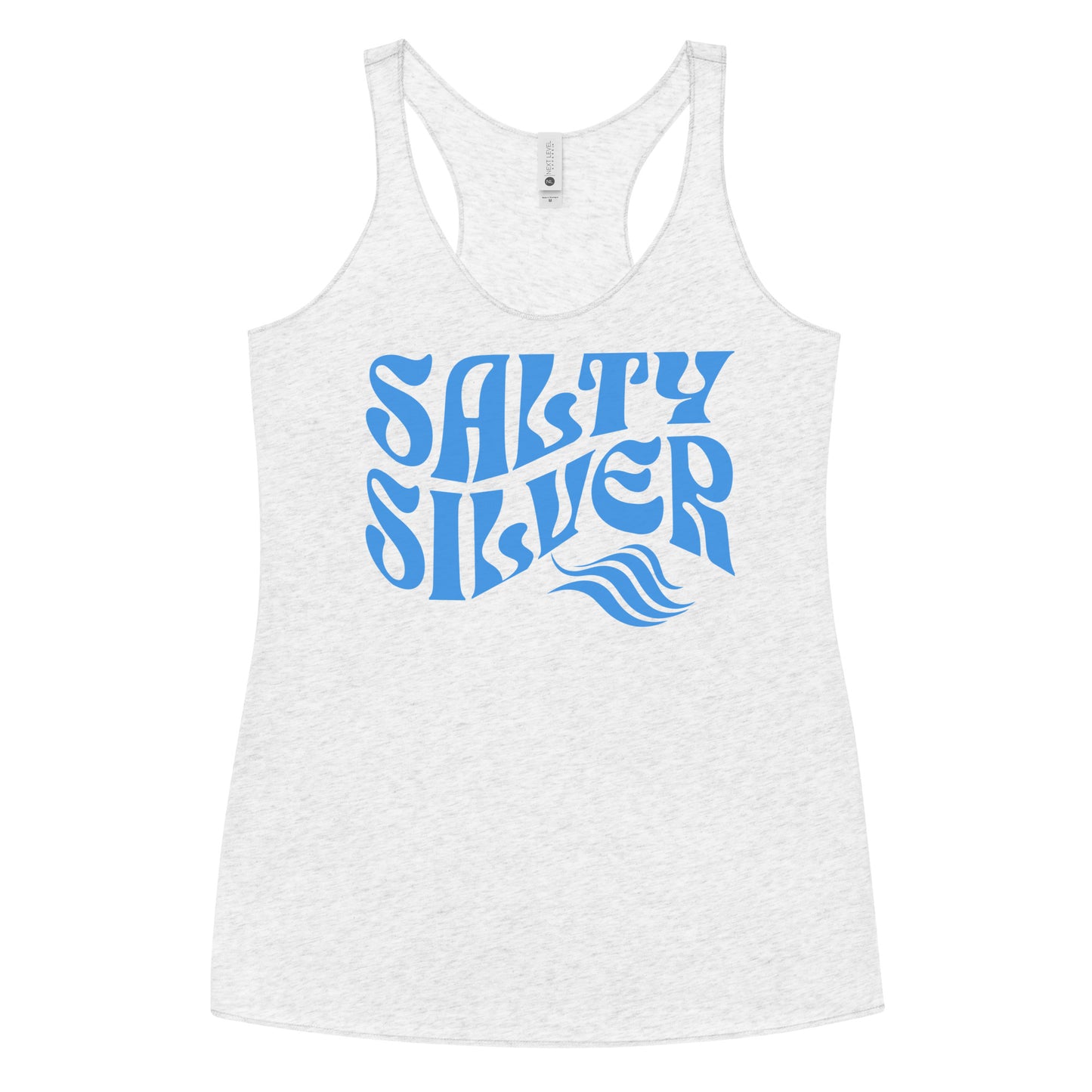 Flatlay of a white soft racerback tank t-shirt with 'Salty Silver' play on words slogan in blue retro Solino Display wavy 70s font. Branded RedBlonde London on reverse