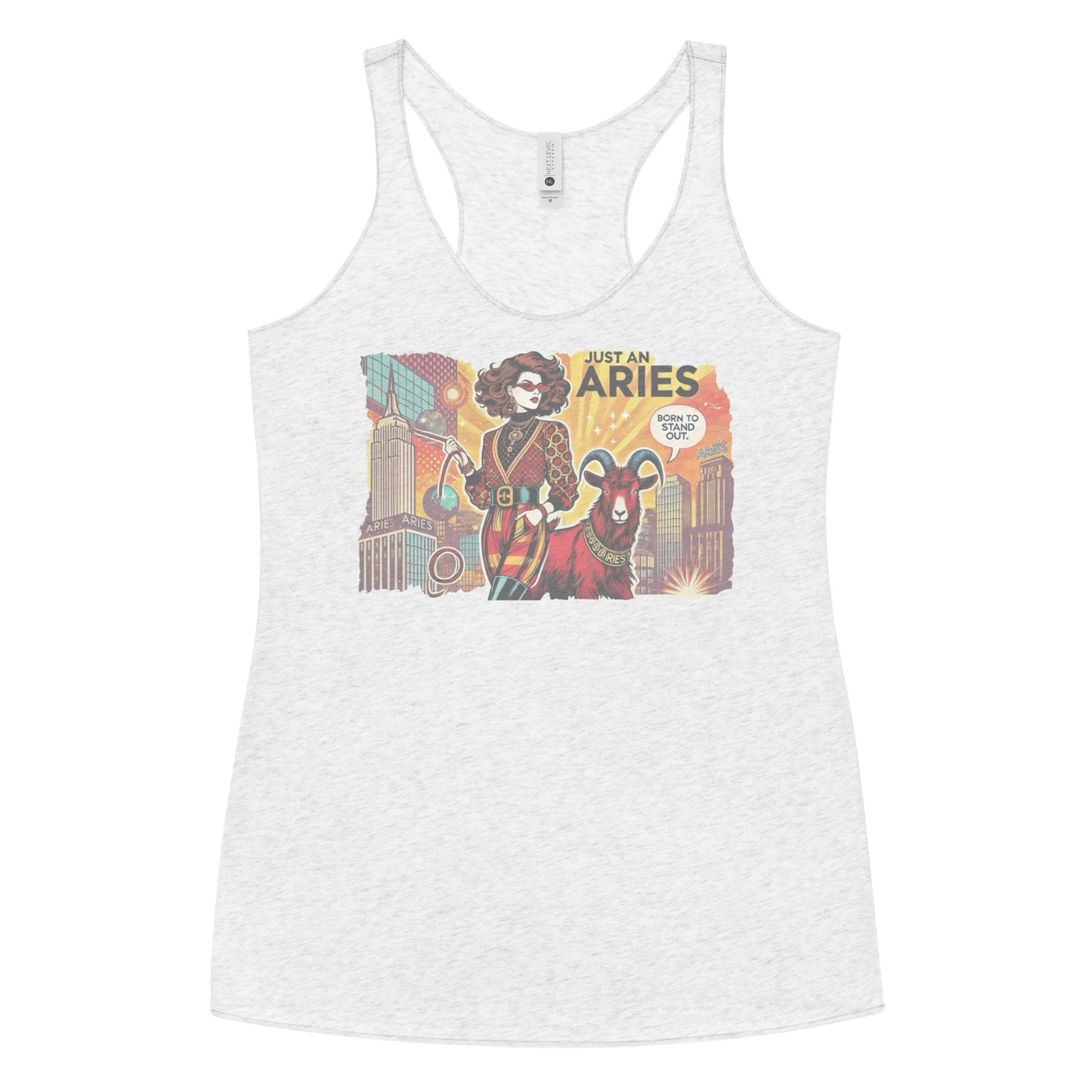 Flatlay of a heather white soft racerback tank t-shirt with a retro pop-art Brunette Aries graphic featuring a brunette woman, wearing a belted catsuit and high boots with one hand in her pocket, with a ram by her side and a city backdrop, captioned ‘Just an Aries, born to stand out'