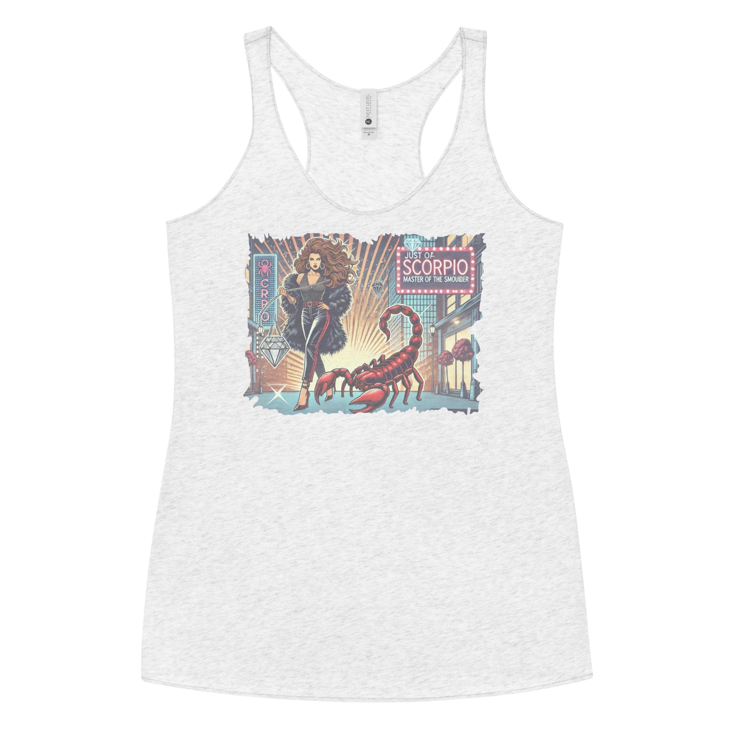 Flatlay of a heather white soft racerback tank t-shirt with a retro pop-art Brunette Scorpio graphic featuring a brunette woman with long flowing hair, wearing a black pants with a red stripe down the side, a halterneck top and fur coat, next to a large red scorpion walking down the street past a shop window captioned ‘Just a Scorpio, Master of the Smoulder'