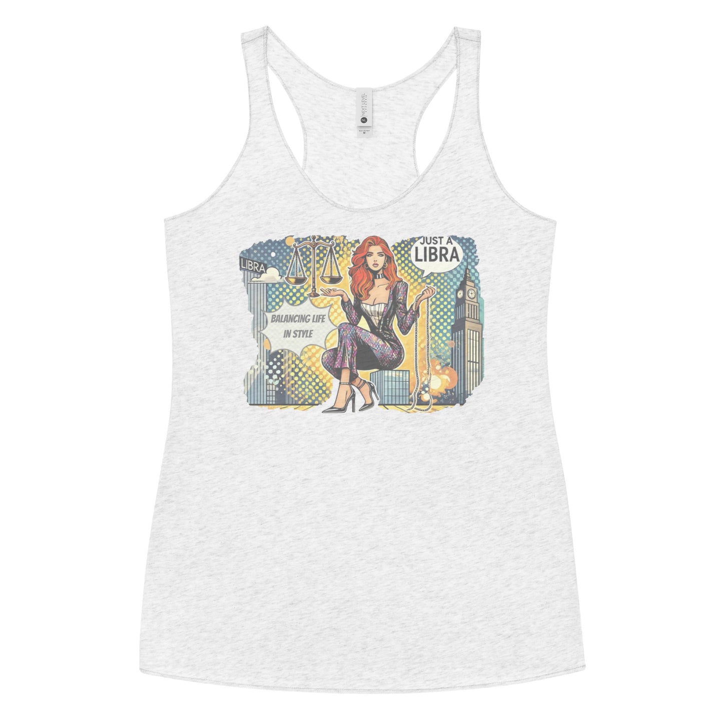 Flatlay of a heather white soft racerback tank t-shirt with a retro pop-art Libra graphic featuring a redhead woman, scales, and a city backdrop, captioned ‘Just a Libra, Balancing Life in Style’.