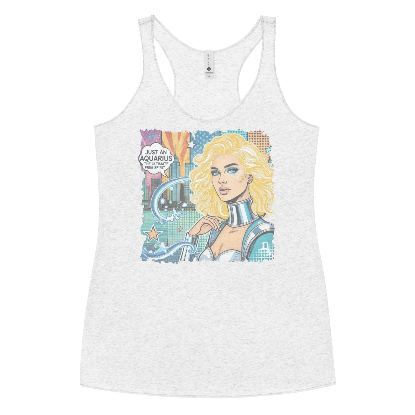 Flatlay of a heather white soft racerback tank t-shirt with a retro pop-art blonde Aquarius graphic showing the head and shoulders of a blonde woman with blue highlights wearing a sci-fi type silver choker and outfit, with a city background with tentacles and stars captioned, "Just an Aquarius, the ultimate free spirit"