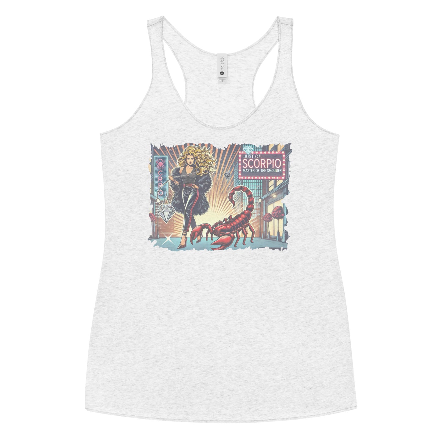 Flatlay of a heather white soft racerback tank t-shirt with a retro pop-art blonde Scorpio graphic featuring a blonde woman with long flowing hair, wearing a black pants with a red stripe down the side, a halterneck top and fur coat, next to a large red scorpion walking down the street past a shop window captioned ‘Just a Scorpio, Master of the Smoulder'