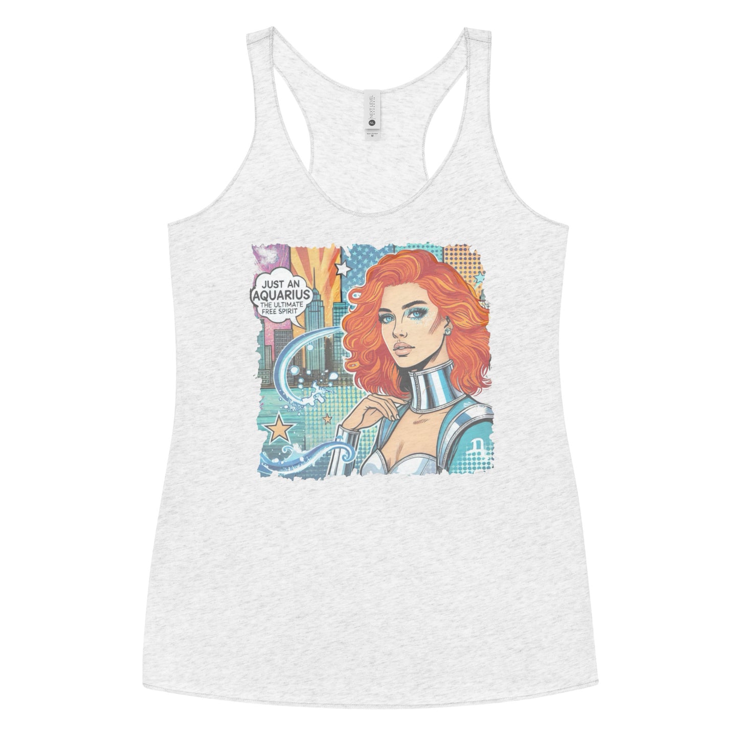 Flatlay of a heather white soft racerback tank t-shirt with a retro pop-art redhead Aquarius graphic showing the head and shoulders of a redhead woman with blue highlights wearing a sci-fi type silver choker and outfit, with a city background with tentacles and stars captioned, "Just an Aquarius, the ultimate free spirit"