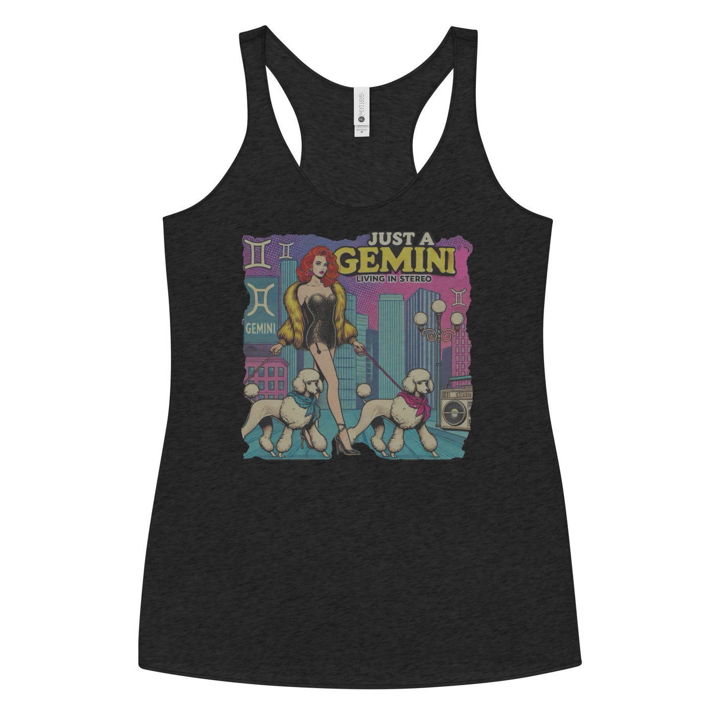 Flatlay of a heather white soft racerback tank t-shirt with a retro pop-art redhead Gemini graphic featuring a redhead woman, in a short catsuit and fur coat walking two poodle dogs with neck scarfs with a city backdrop and a gettoblaster ‘Just a Gemini, Living in Stereo'