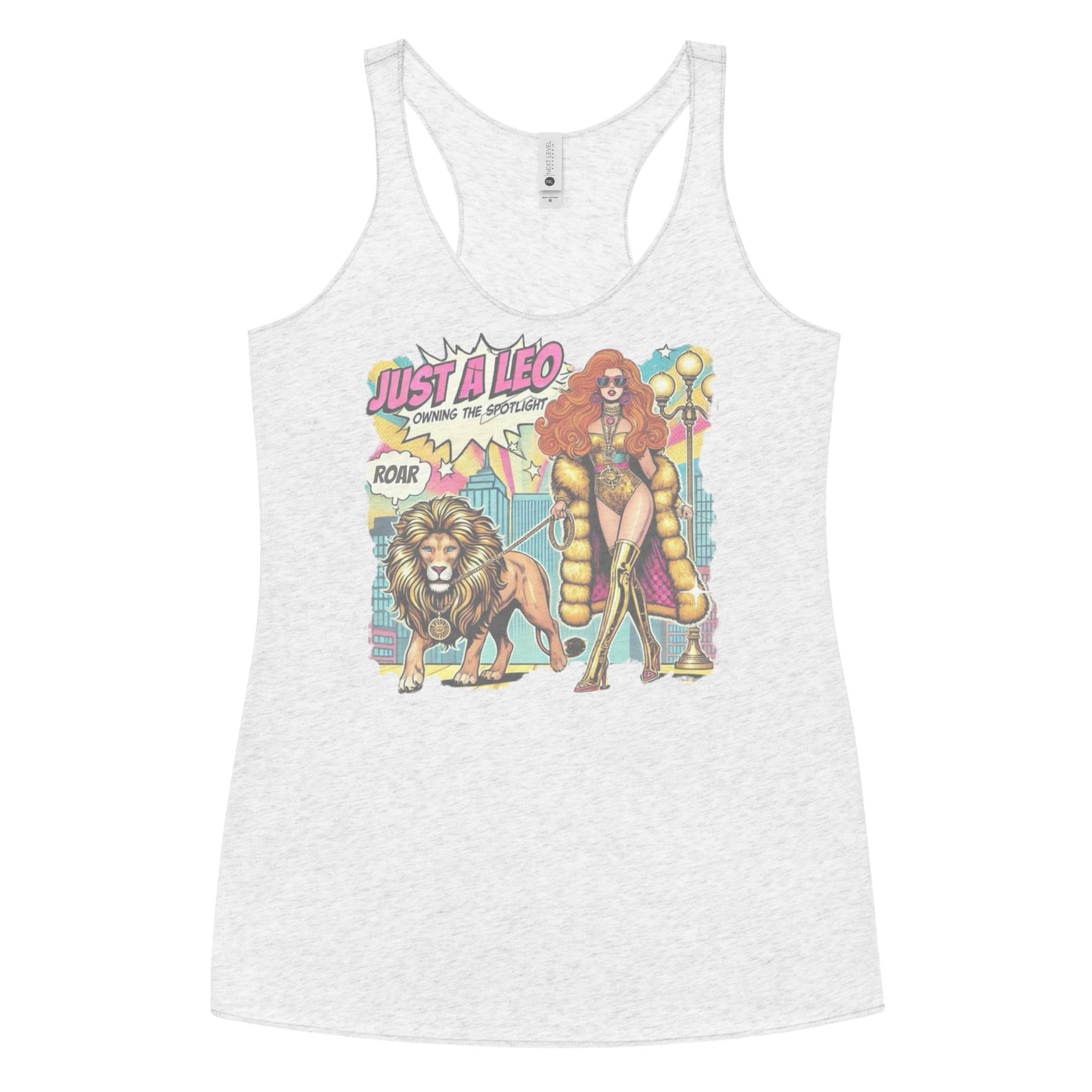 Flatlay of a heather white soft racerback tank t-shirt with a retro pop-art redhead Leo graphic featuring a redhead woman in a gold swimsuit, gold over the knee boots, gold medallion and long fur coat, walking a lion on a leash wearing a gold medallion, with a caption bubble 'Roar', with a city and round bulb street lights in the background captioned ‘Just a Leo, Owning the Spotlight'