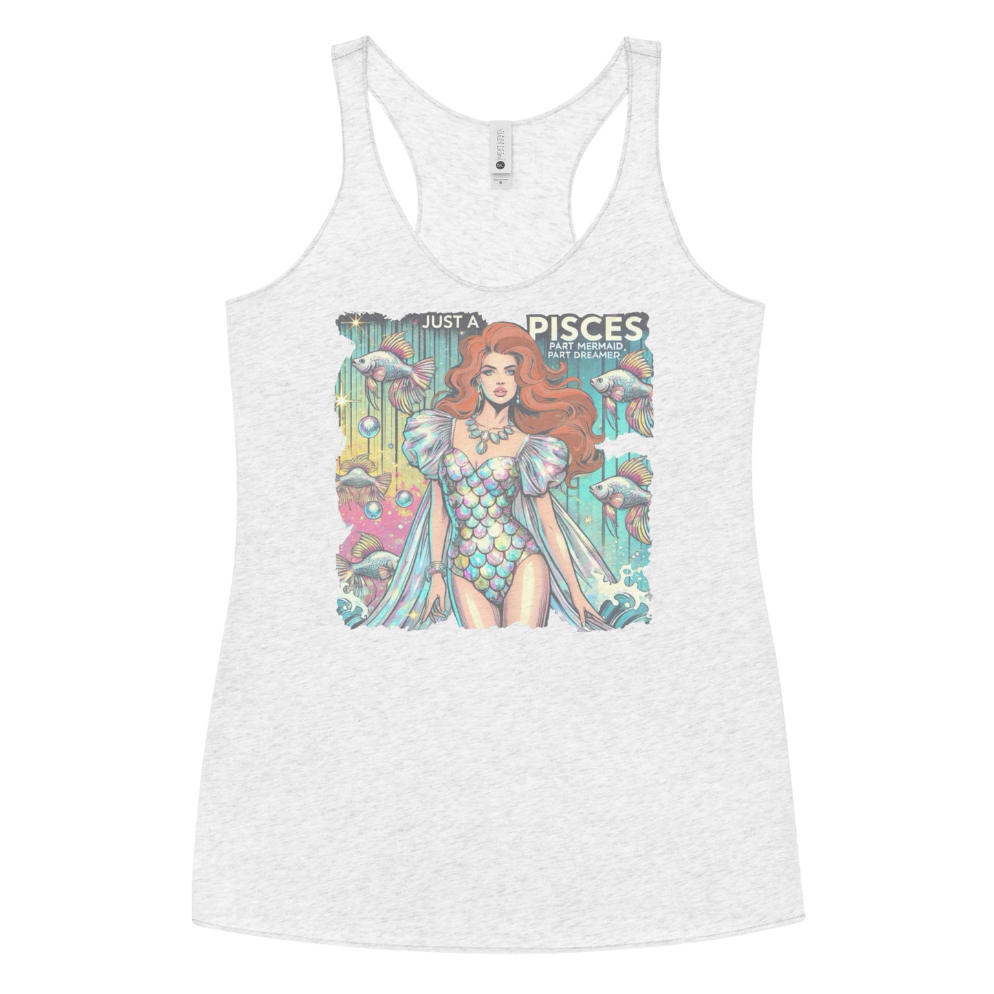 Flatlay of a heather white soft racerback tank t-shirt with a retro pop-art redhead Pisces graphic featuring a redhead woman in a fish-scale dress, with fishes and bubbles backdrop, captioned ‘Just a Pisces, Part Mermaid, Part Dreamer'