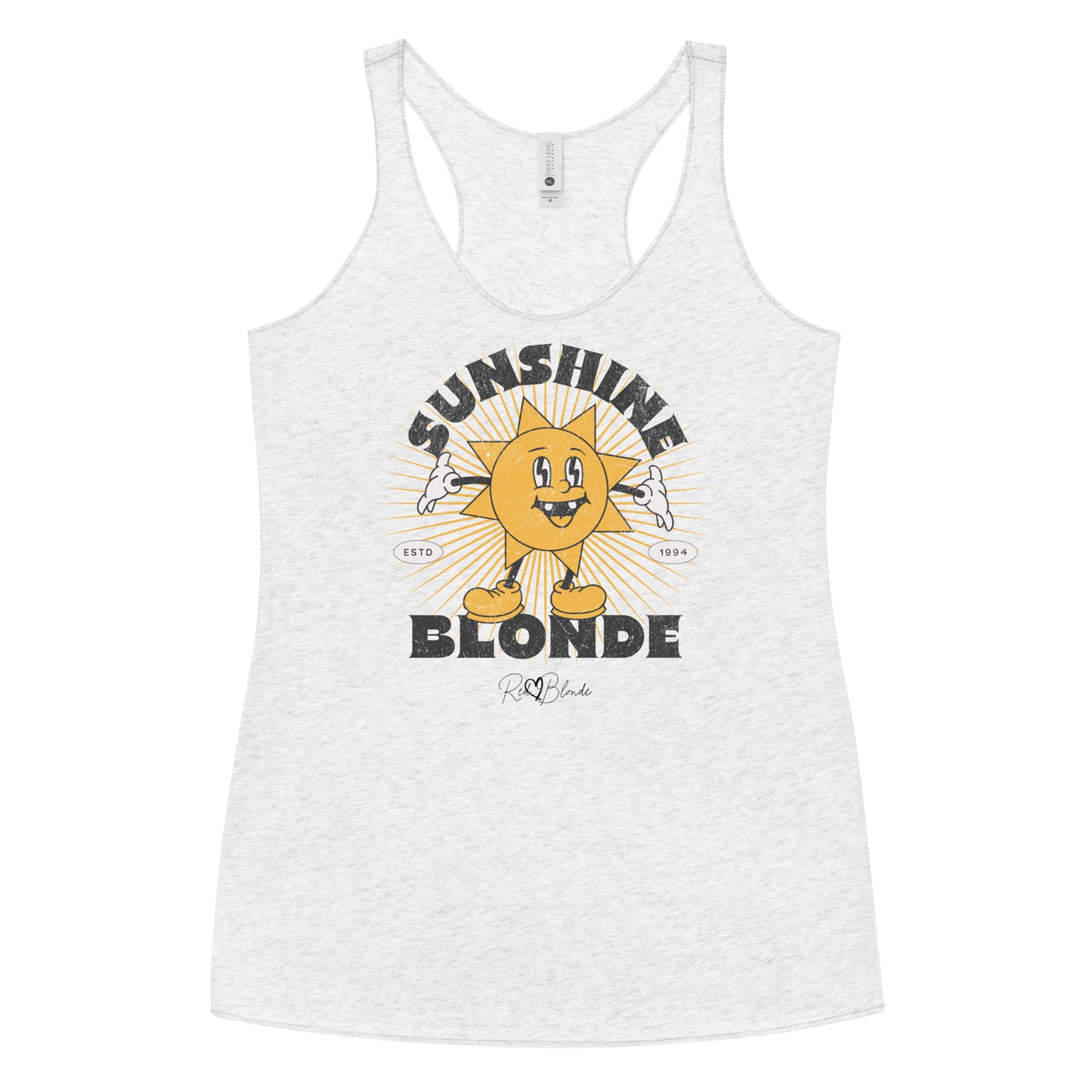 White women’s racerback tank with a retro cartoon-style yellow sun character, smiling with open arms, surrounded by radiant sunbeams. The text reads ‘Sunshine Blonde’ in bold vintage Belzebuth lettering, with small details including ‘ESTD 1994’ and the RedBlonde signature logo beneath."
