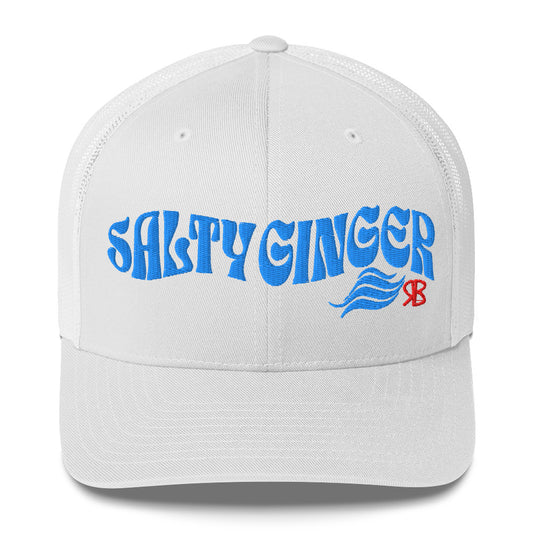 white trucker cap with 'Salty Ginger' in blue Solino display font. Branded RB in red